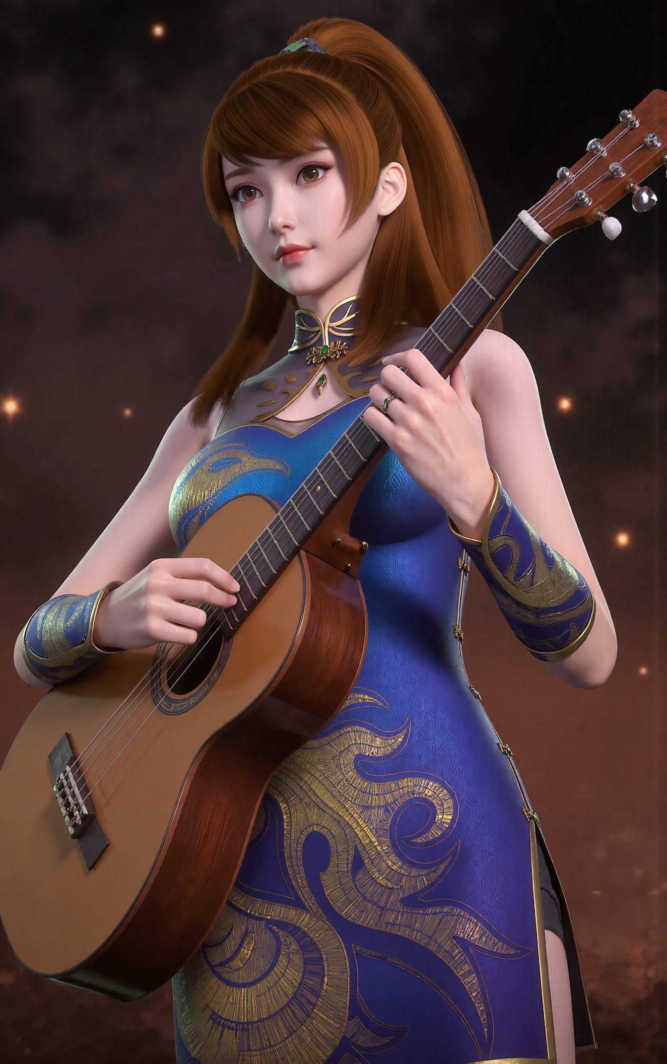 Tutu Aurora 8D Pantyhose (the name is a trigger word), Create a vibrant and expressive 3D illustration of Xiaoninger - a slender Asian woman with long, straight brown hair styled in a high ponytail, sometimes with a side braid. She has pale skin, red lips, and a graceful posture. She is depicted in full-body pose, playing a guitar with elegant hands. Her expression is calm yet engaging, eyes looking slightly toward the viewer or focused on her music. She wears an elegant blue and gold traditional Chinese qipao dress with intricate ornate patterns. The sleeveless design features a high collar and bare shoulders, accentuated with gold accents. Delicate black thigh-high stockings enhance the texture of her outfit. Accessories include blue and gold arm cuffs and a single gold earring. The overall style is inspired by Pixar animation - stylized realism with rich colors, soft lighting, and cinematic depth. The background features a bokeh effect with floating stars and soft lights, adding a magical and whimsical touch to the composition. Render in vivid, colorful tones with high detail and cinematic lighting. Tutu Aurora 8D Pantyhose.