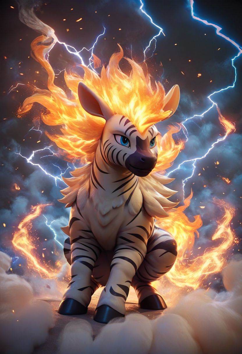 score_9, score_8_up, score_7_up, score_6_up, score_5_up, score_4_up, just describe what you want, tag1, tag2，Pokemon (Zebra), Fire, Full Body, Smoke, Lightning, HD, Masterpiece, Best Quality, Solo,