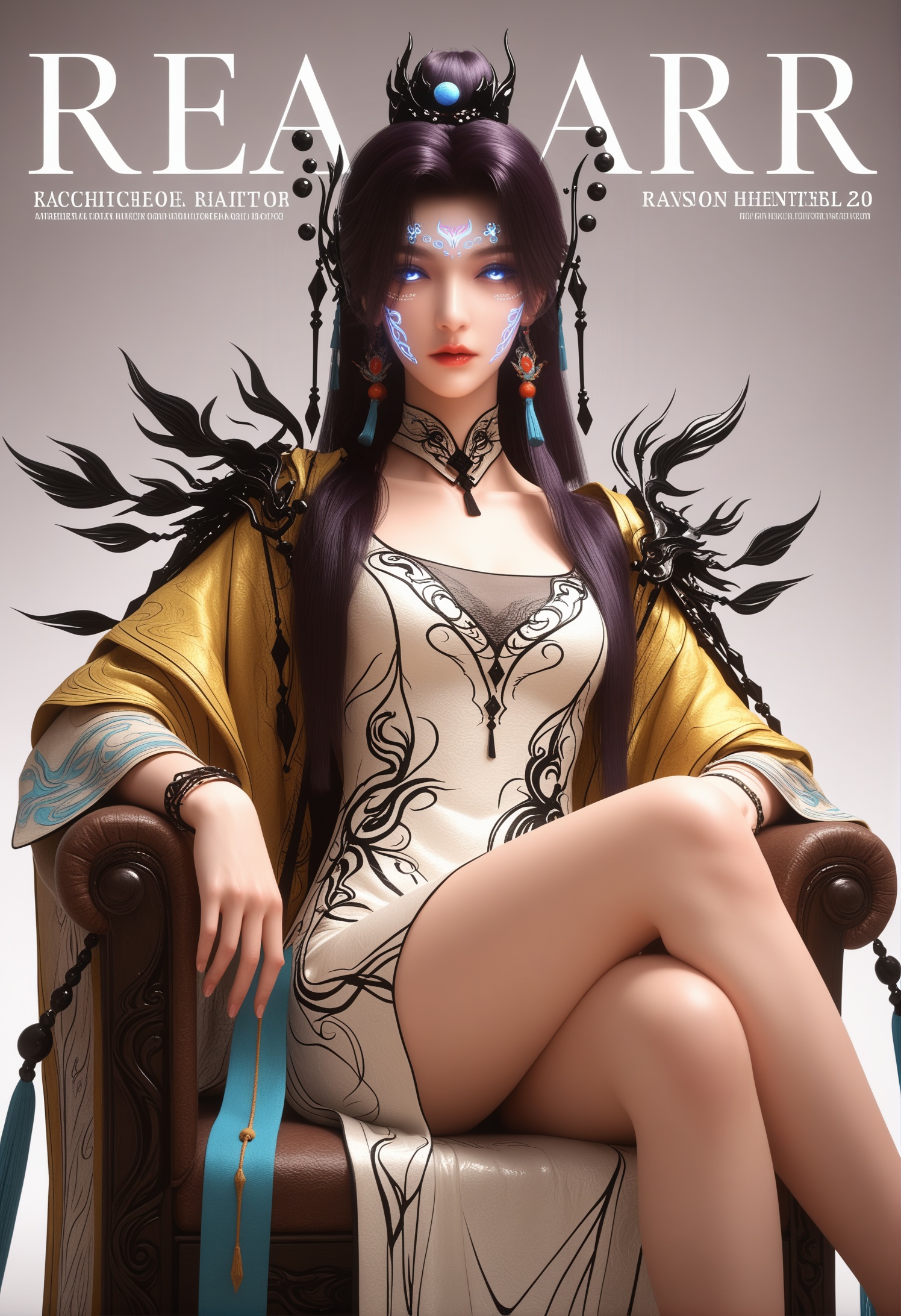 score_9,score_8_up,score_7_up,1girl,solo,realistic,sitting,(crossed_legs:1.3),(looking at viewer:1.1),1girl,solo,realistic,dress,white dress,chinese clothes,long sleeves,realistic,jewelry,hair ornament,beads,tassel,(round ball:1.2),orange long upper shan,choker,bracelet,earrings,tassel earrings,1girl,solo,realistic,(mature face:1.4),big eye,(pale_skin:1.1),shiny_skin,slender face,long hair,black hair,glowing eyes,blue eyes,forehead mark,forehead jewel,facial tattoo,glowing tattoo,facial mark,eyelashes,makeup,eyeshadow,purple eyeshadow,blue eyeshadow,collarbone,lipstick,red lips,closed mouth,realistic,(grey background:1.2),solid background,gradient_background,(magazine cover theme:1.05),(white chair:0.8),medium breasts,<lora:小巳-云望舒众生愿pony:0.85>,