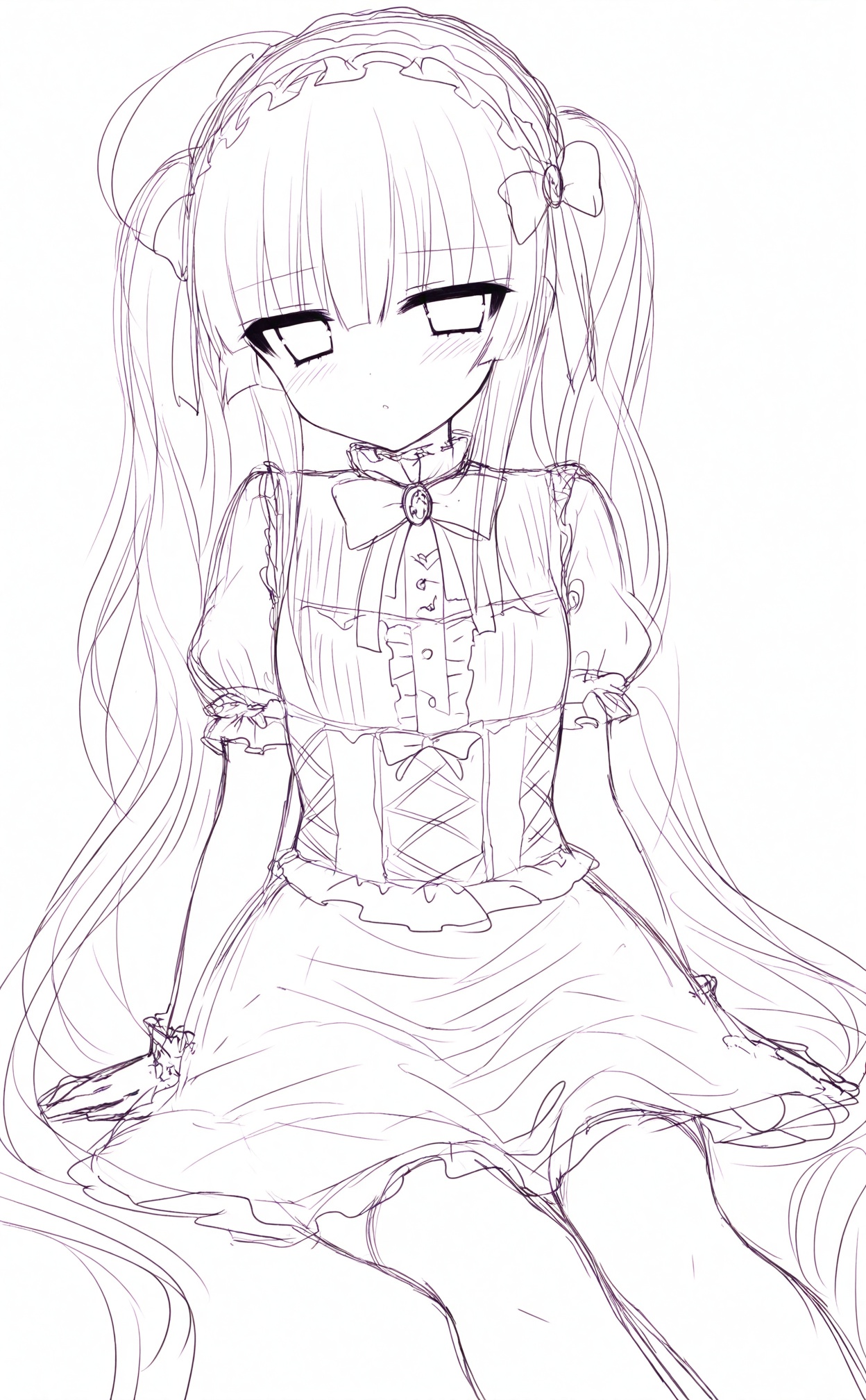 masterpiece,absurdres,best quality,((petite)),loli,high quality,white theme,//,1girl, solo, monochrome, long_hair, twintails, ahoge, dress, very_long_hair, hairband, lolita_hairband, sitting, sketch, white_background, looking_at_viewer, simple_background, lineart, bow, lolita_fashion, purple_theme, gloves, blush//,<lora:月影ネム——【CKXL】hans:1>,