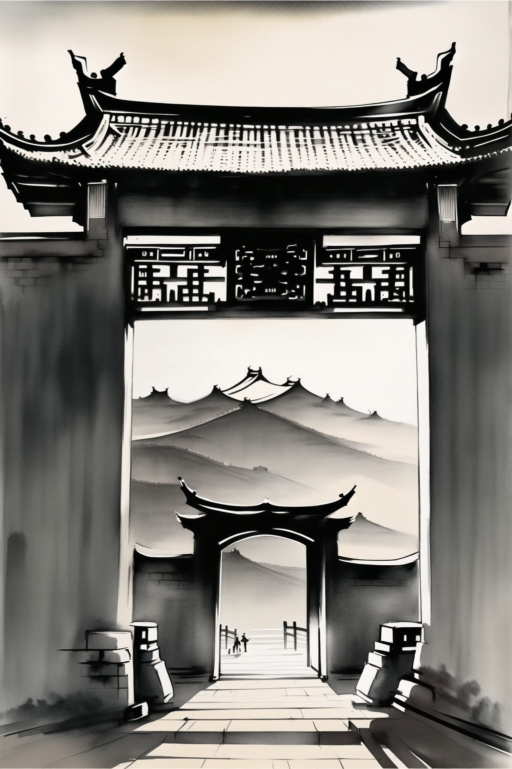 ycbh, scenery, solo, outdoors, architecture, traditional media, sky, Ink wash, minimalist style, distant view, city gate, beyond the Great Wall, best quality, 32K, HD,<lora:ycbh4:0.8>,