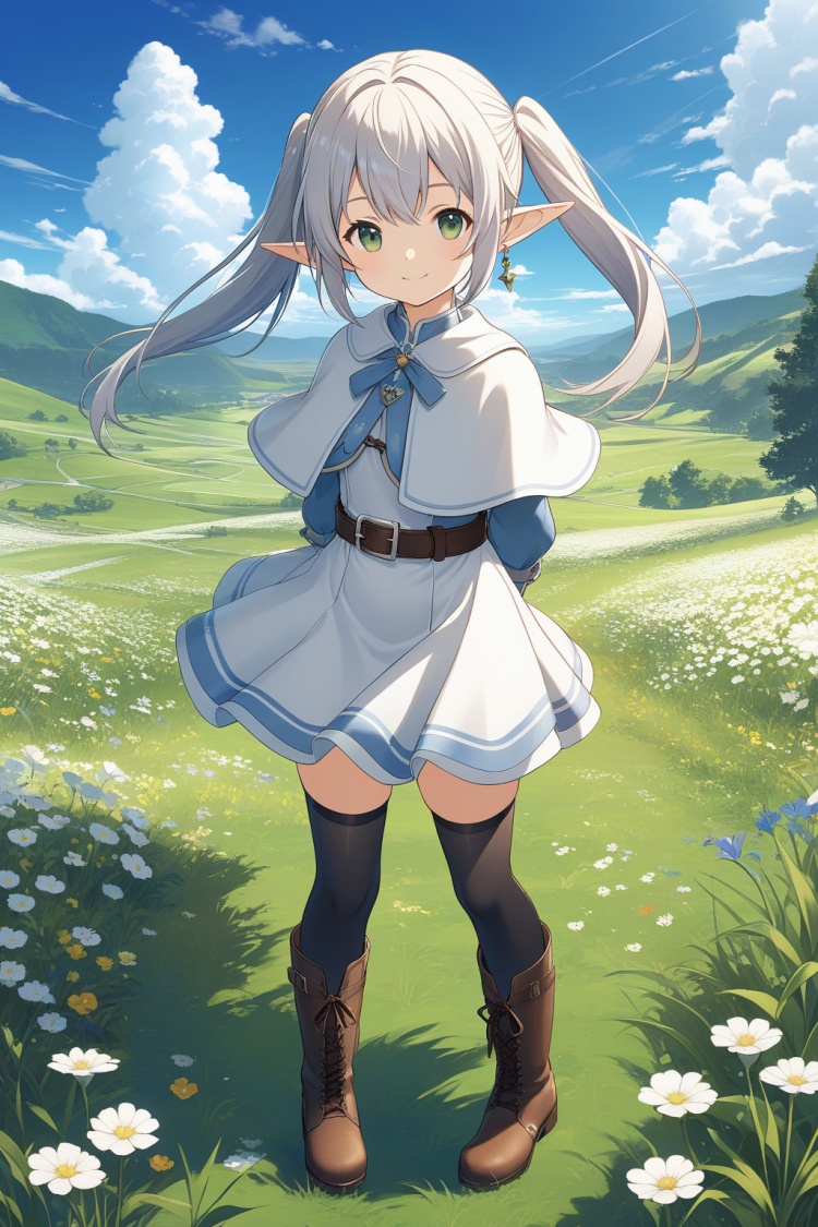 Makoto Shinkai style，1girl, solo, long hair, looking at viewer, smile, bangs, thighhighs, dress, twintails, jewelry, green eyes, standing, full body, flower, white hair, earrings, boots, outdoors, sky, day, pointy ears, belt, black thighhighs, white dress, capelet, brown footwear, arms behind back, grass, elf, white capelet, lalafell