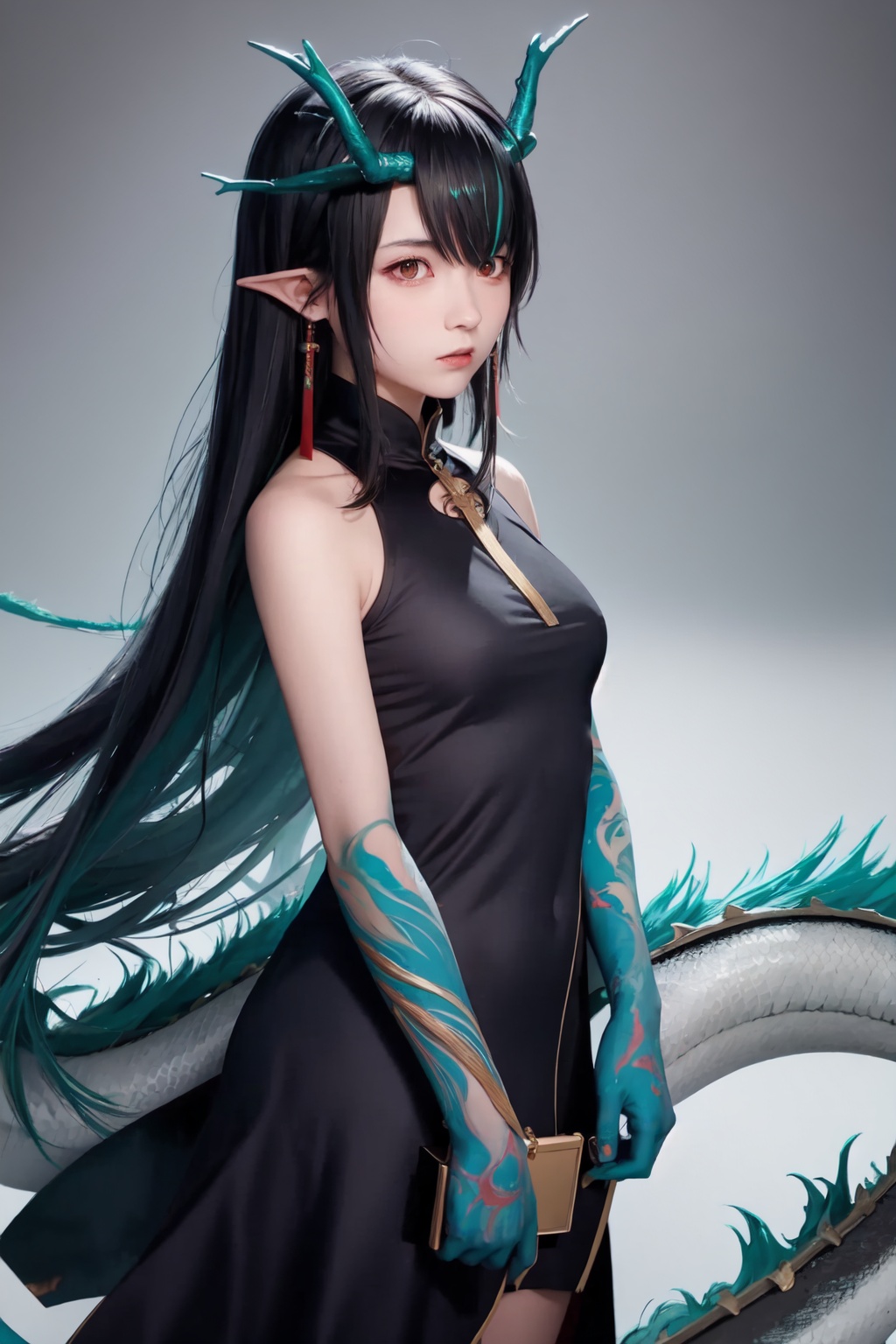 dusk_(arknights),1girl,dragon_horns,dragon_tail,green_skin,dragon_girl,looking_at_viewer,sleeveless_dress,bare_shoulders,closed_mouth,solo,hair_over_one_eye<lora:dusk_(arknights):1>,simple background,white backgroundmasterpiece,best quality, highly detailed, 