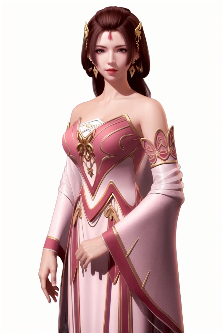 ((HRD, HUD, 8K)),((masterpiece, best quality)), highly detailed,1girl, solo, forehead mark, brown hair, hair ornament, hair rings, long hair, brown eyes, lips, jewelry, earrings, dress, pink dress, bare shoulders, detached sleeves, simple background, white background, cowboy shot, standing, looking at viewer,  <lora:20240513-1715564123441:0.72>