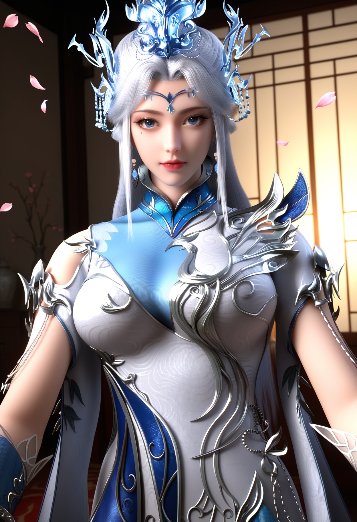 masterpiece,best quality,amazing quality,high resolution,ultra-detailed,absurdres,(looking at viewer:1.1),upper body,(Dark room:1.3),(moody lighting:1.1),peach blossom,falling petals BREAK large breasts,ningyudie,1girl,solo,long hair,hair ornament,jewelry,dress,chinese clothes,blue eyes,white hair,earrings,hair bun,mole under eye,makeup,bracelet BREAK photorealistic details,<lora:QQSillningyudieV1:0.8>,