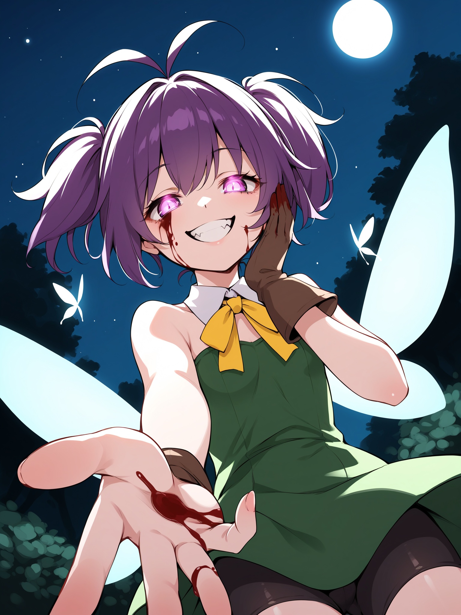1girl, solo, short hair, purple hair, antenna hair, twintails, single sidelock, yellow ribbon, purple eyes, detached collar, green dress, frills, bare shoulders, bike shorts, fairy wings, brown gloves, upper body, hand on face, blood, blood on face, blood on hands, evil smile, teeth, yandere, horror \(theme\), glowing eyes, garden, night sky, fang, heavy breathing, half-closed eyes, pointing at viewer, from below , score_9, score_8_up, score_7_up, score_6_up, score_5_up, score_4_up, BREAK source_anime, masterpiece