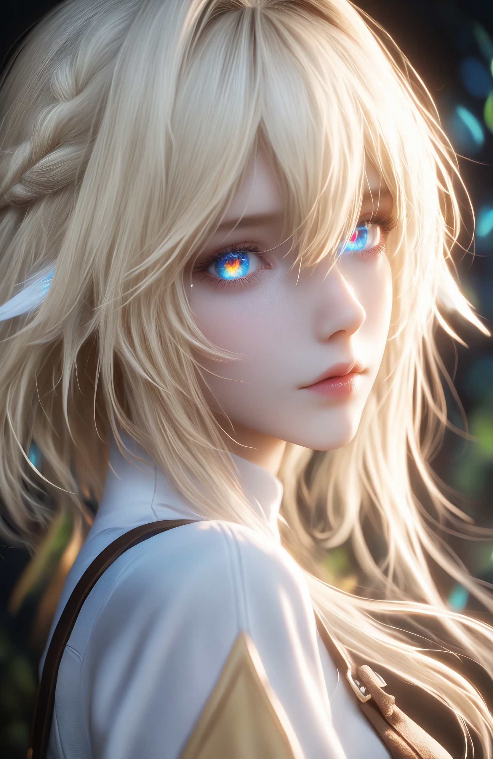 a close-up profile of a woman with light blonde hair, partially illuminated by a soft, ethereal light source from the right side. Her hair is sleek and slightly wavy, with strands delicately framing her face. The light highlights her hair and the left side of her face, creating a stark contrast against the darker, shadowed background. Her skin is smooth and pale, with a subtle, almost translucent quality due to the lighting. Her eyes are a striking, glowing blue, adding a mystical or otherworldly element to her appearance. She is wearing a white garment, which is only partially visible, adding to the simplicity and focus on her face and hair. The background is dark and indistinct, with soft, blurred light streaks that enhance the dreamy, almost surreal atmosphere of the image. The overall style is realistic with a touch of fantasy, emphasizing light and shadow to create depth and mood. The composition directs the viewer's attention to the woman's face and the interplay of light and shadow, evoking a sense of mystery and quiet strength.