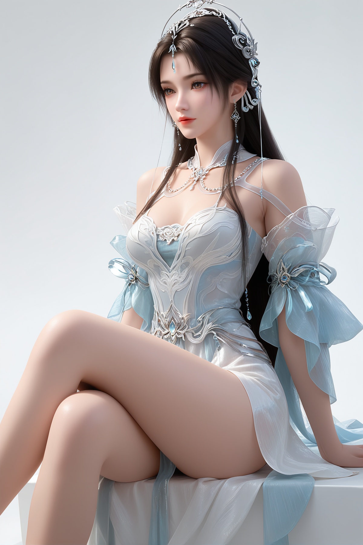 score_9,score_8_up,score_7_up,<lora:wy_qingyi_xz_XL7.0:0.8>,1girl,long hair,breast,medium breast,earrings,hair_ornament,dress,black hair,brown eyes,thick_thighs,simple background,white_background,wetting,dark,sitting,