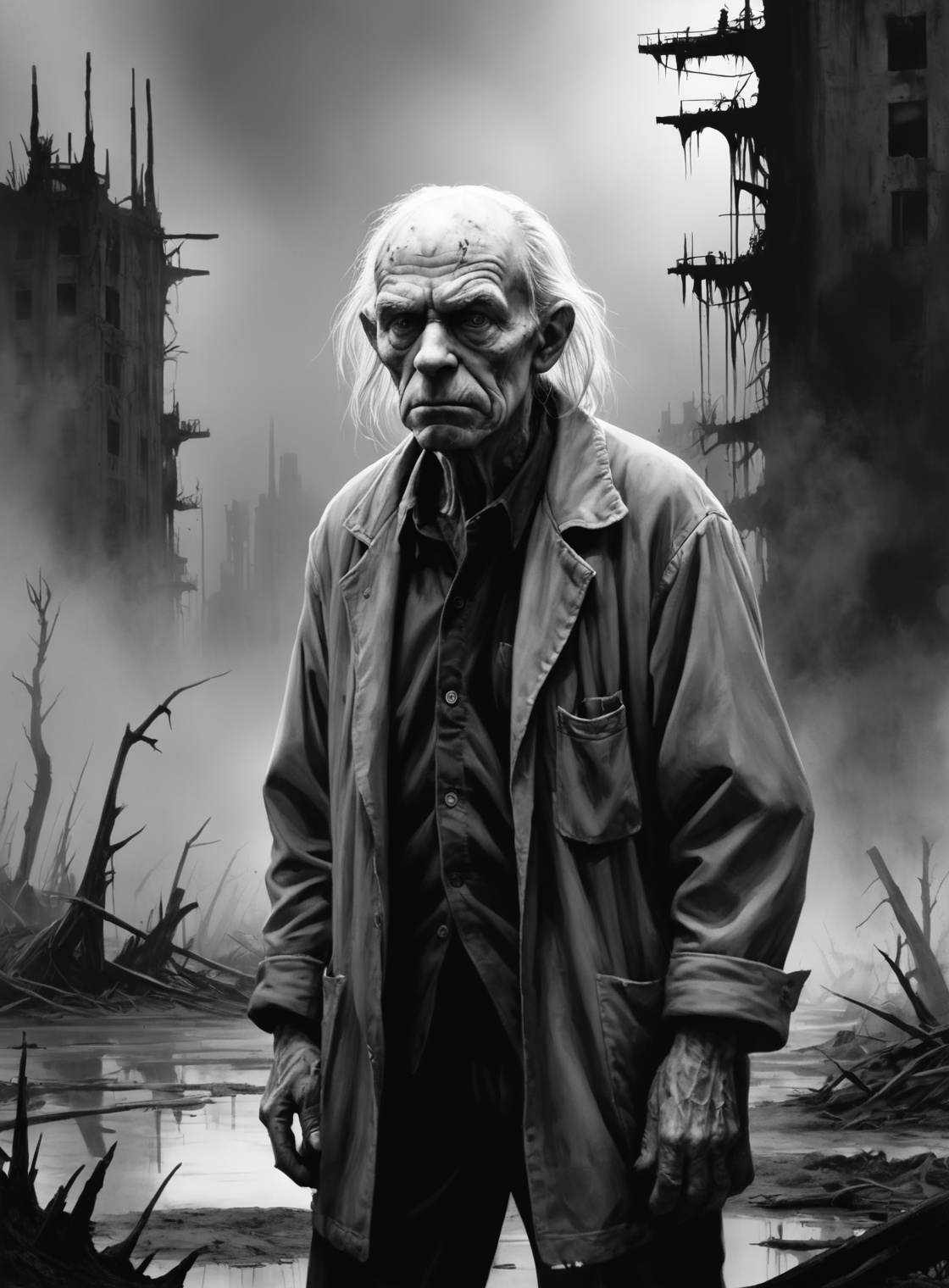 (closeup old man in a destroyed city atomic blast in the background),  Style of stephen gammell,  watercolors on Tensor.Art