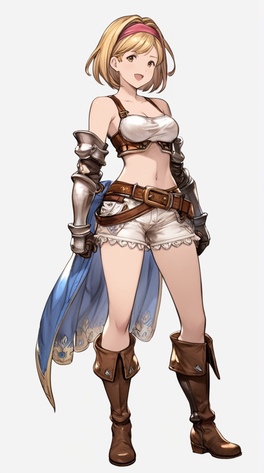 (best quality), ((masterpiece)), (highres), illustration, original, extremely detailed, <lora:JTのGame Character XL:0.7>1girl, djeeta \(granblue fantasy\), solo, blonde hair, short hair, navel, shorts, gauntlets, boots, white background, simple background, headband, belt, midriff, brown eyes, open mouth, full body, alternate costume, short shorts, bare shoulders