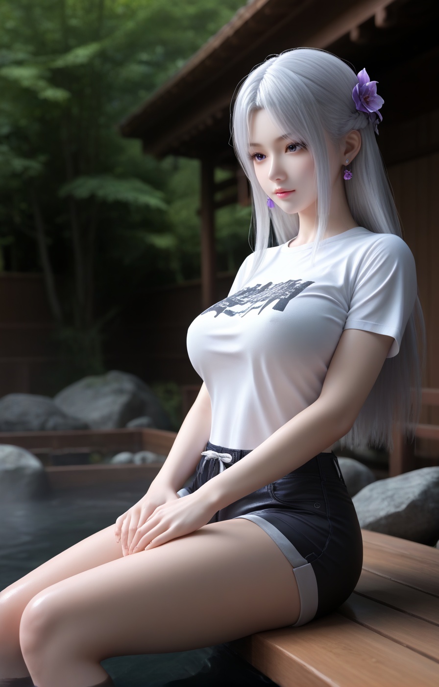 score_9,score_8_up,score_7_up,source_anime,eye reflection,(beautiful_detailed_eyes:1.2),highly detailed,volumetric,dramatic lighting,oil,(shiny_skin:1.2),ultra detailed 8k cg,ultra detailed background,(full_shot:1.3),rating_explicit,3D,(realistic:1.5),perfect face,detailed face,sexy pose,supermodel,overall warm color,dol,innocence,mysterious,surreal,highly detailed,concept art,extremely detailed,amazing quality,ultra-high resolution,32K UHD,<lora:0653 Open-air hot spring_pony:0.8>,ruanyi0653,japanese tangchi,onsen,fence,rock,water,sharp focus,best-quality,with a high-end texture,golden hour,unconventional supreme masterpiece,masterful details,temperate atmosphere,high detailed  skin,(detailed skin:1.1),highly detailed,nice hands,Skindentation,skin depression,<lora:Add_more_details_V2_XLpony:0.6>,dramatic lighting,detailed face,purple_dress,<lora:qingxuan_xiaoyixian_PONY:0.7>,1girl,(light:1.4),solo,long hair,jewelry,white hair,flower,earrings,huge breasts,day,tulle,voile,sitting,(short sleeve T-shirts:1.4),(shorts:1.3),