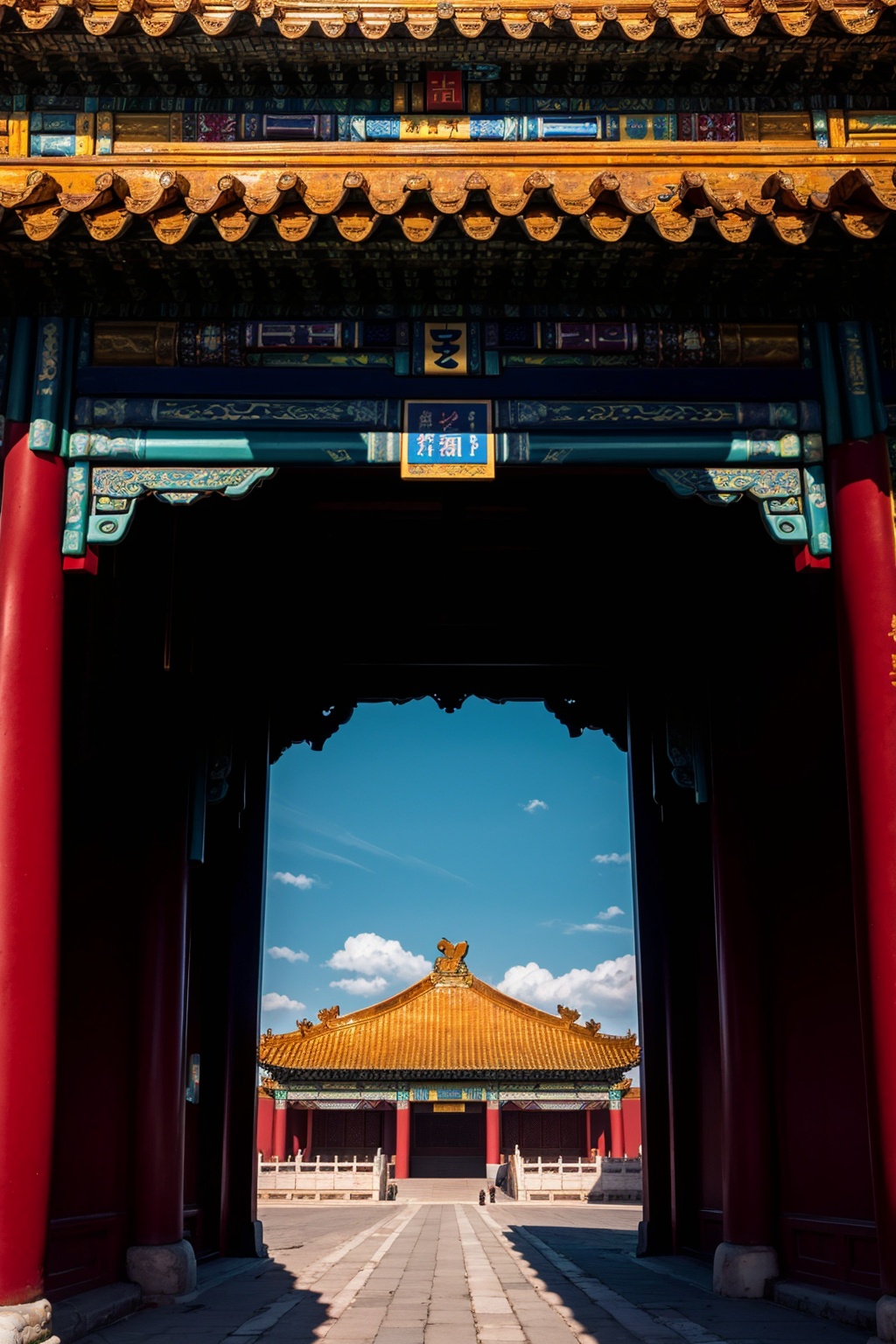 <lora:故宫(5):0.8>,gugong,sky,cloud,sky,blue sky,scenery,East Asian architecture,architecture,Forbidden City,road,8K,photography Wilight W resolution,<lora:shou-v50:0.5>,