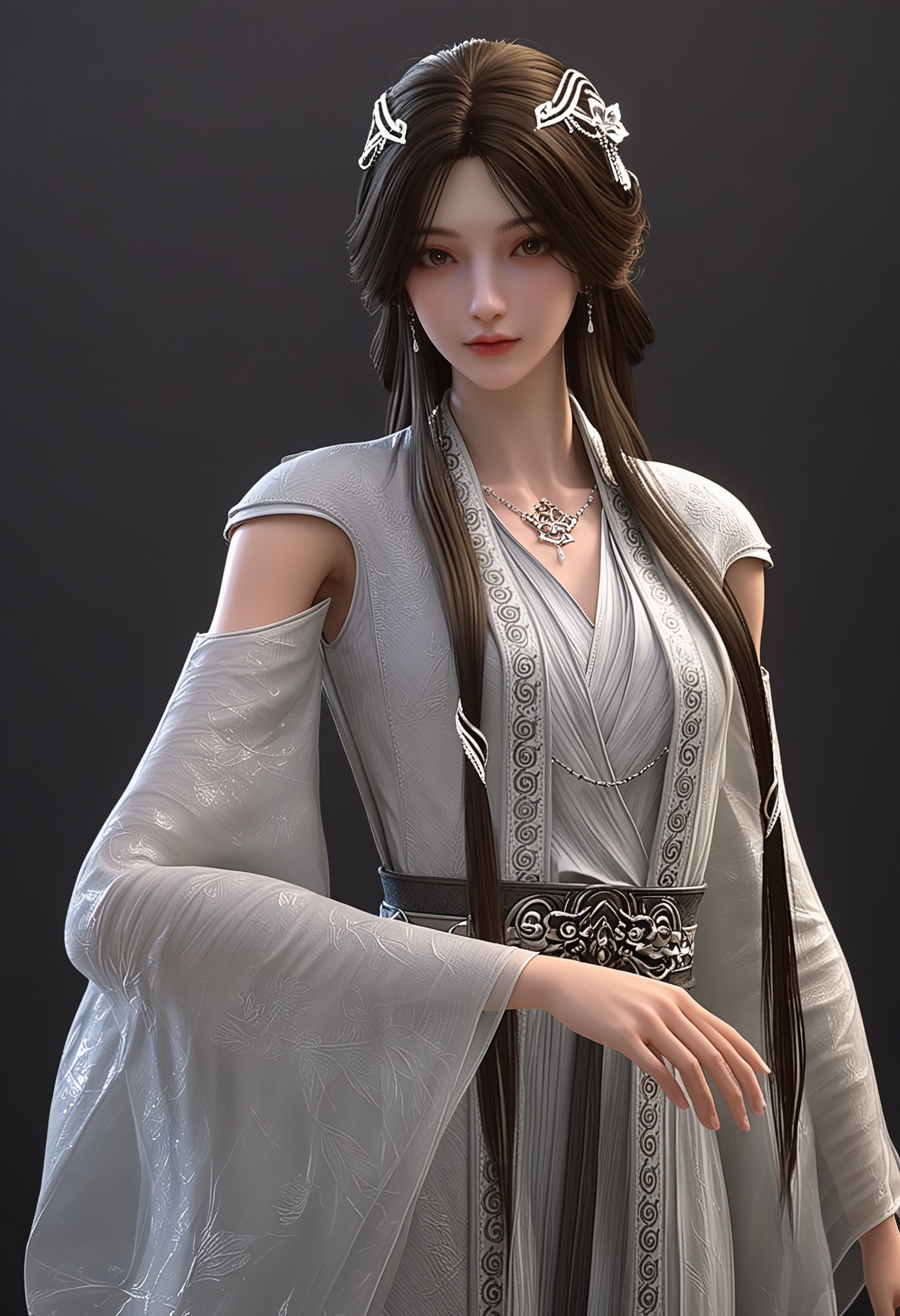 (cowboy shot:1.2),score_9,score_8_up,masterpiece,(best quality),intricate details,facing viewer,(looking at viewer:1.1),<lora:YQ_pony_yuxin2.0_V4:0.8>,q1528437228,1girl,solo,long hair,hair ornament,jewelry,earrings,dress,brown hair,white dress,necklace,black hair,brown eyes,chinese clothes,long sleeves,detached sleeves,wide sleeves,hair bun,BREAKscore_9,score_8_up,masterpiece,(best quality),perfect anatomy,(hourglass),perfect face,(simple background,pure black background,black background:1.1),fair_skin,shiny_skin,Ivory_skin,