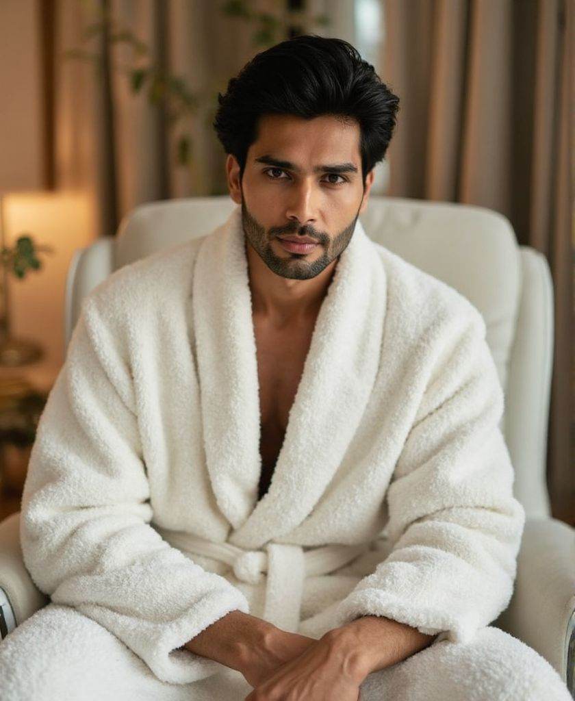 Rohit Khandelwal ,  high-resolutiuon photograph,  wearing fitted fluffy white bathrobe. He is sitting on a chair in the sp...