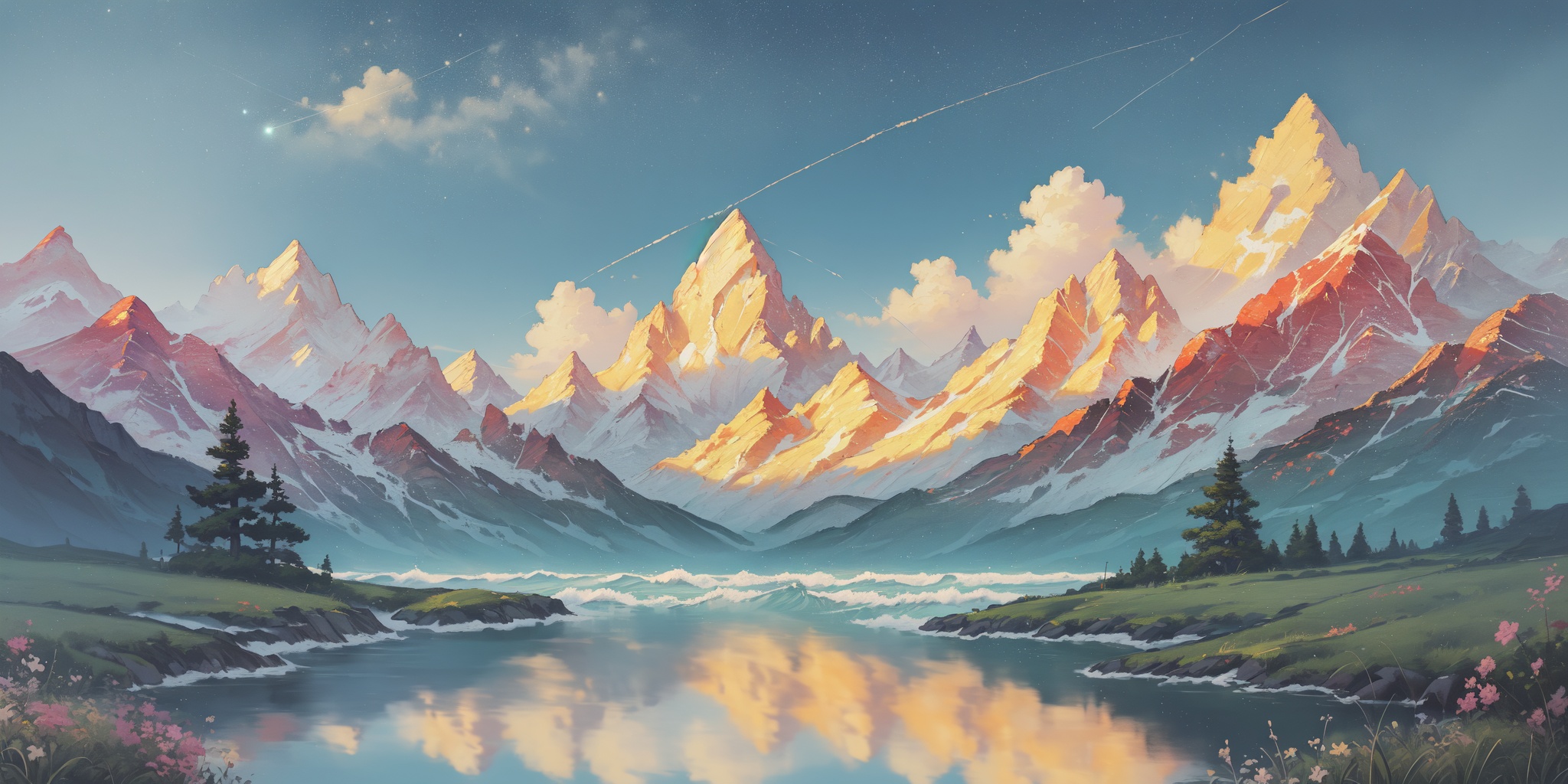 scenery,outdoors,light particles,beautiful detailed sky,beautiful detailed glow,best shadow,panorama,(Glacier, Peaks, Mountains, Ice, Blue, Crevasse, Serenity, Wilderness:1.3),(Lake, Moonrise, Calm water, Reflections, Night serenity, Moonlight:1.2),(Desert wildflowers, Arid landscape, Desert bloom, Colorful desert, Springtime explosion, Desert oasis:1.1),(masterpiece, best quality, beautiful and aesthetic:1.3),extremely detailed CG,ultra-detailed,beautiful concept illustration,illustration,extremely fine and beautiful,perfect details,<lora:YOUHUA-000018:1>,oil painting \(medium\),