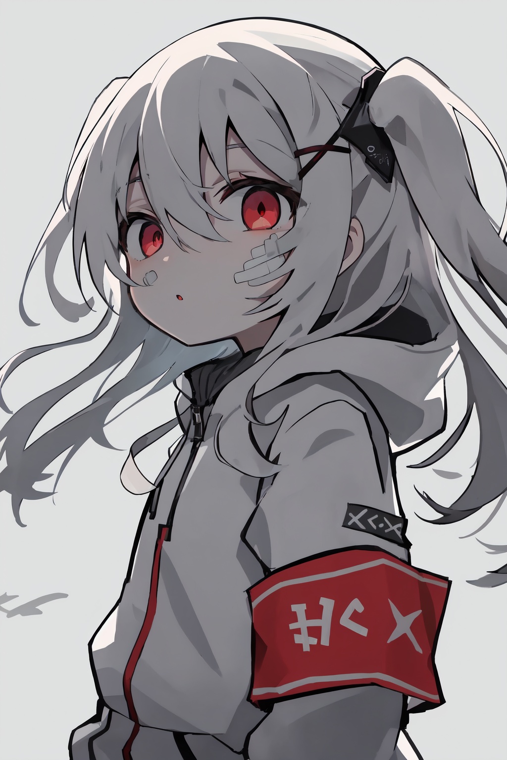 1girl, solo, red eyes, hair ornament, armband, jacket, bangs, hood, looking at viewer, upper body, long hair, white hair, hood down, white jacket, two side up, parted lips, hooded jacket, hair between eyes, bandaid, grey jacket, x hair ornament, chibi, so-style