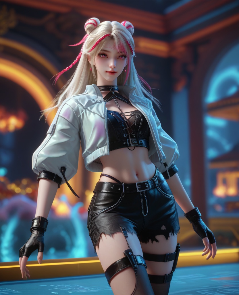 (oriental architecture, elegant decor, sophisticated style:1.1),(practicing ballet,grand jete:1.1),(breasts:1.2),<lora:XL16克金玩家苏晓晓:0.95>,miss suxiaoxiao,white cropped jacket,black corset,pink eyes,forehead mark,double bun with long cascading hair,white hair,streaked hair,braid,black shorts,black fingerless gloves,thigh strap,single thighhigh,, score_9,score_8_up,score_7_up,score_6_up,score_5_up,score_4_up,3d rendering,tag1,tag2, Cinematic Lighting,backlighting,, zPDXL3, zPDXL2,zPDXL, zPDXLxxx, zPDXLrl,