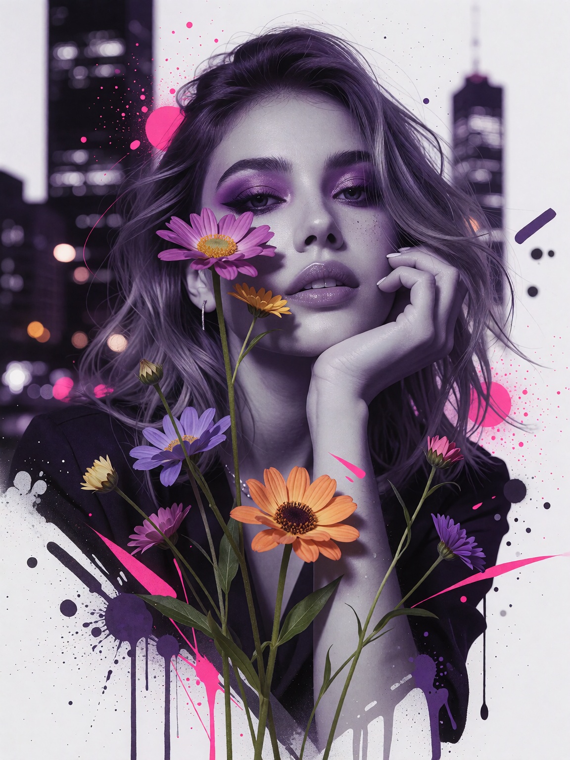 Portrait of a beautiful young woman with medium-length wavy hair,  stylized art,  monochromatic purple and white color pal...