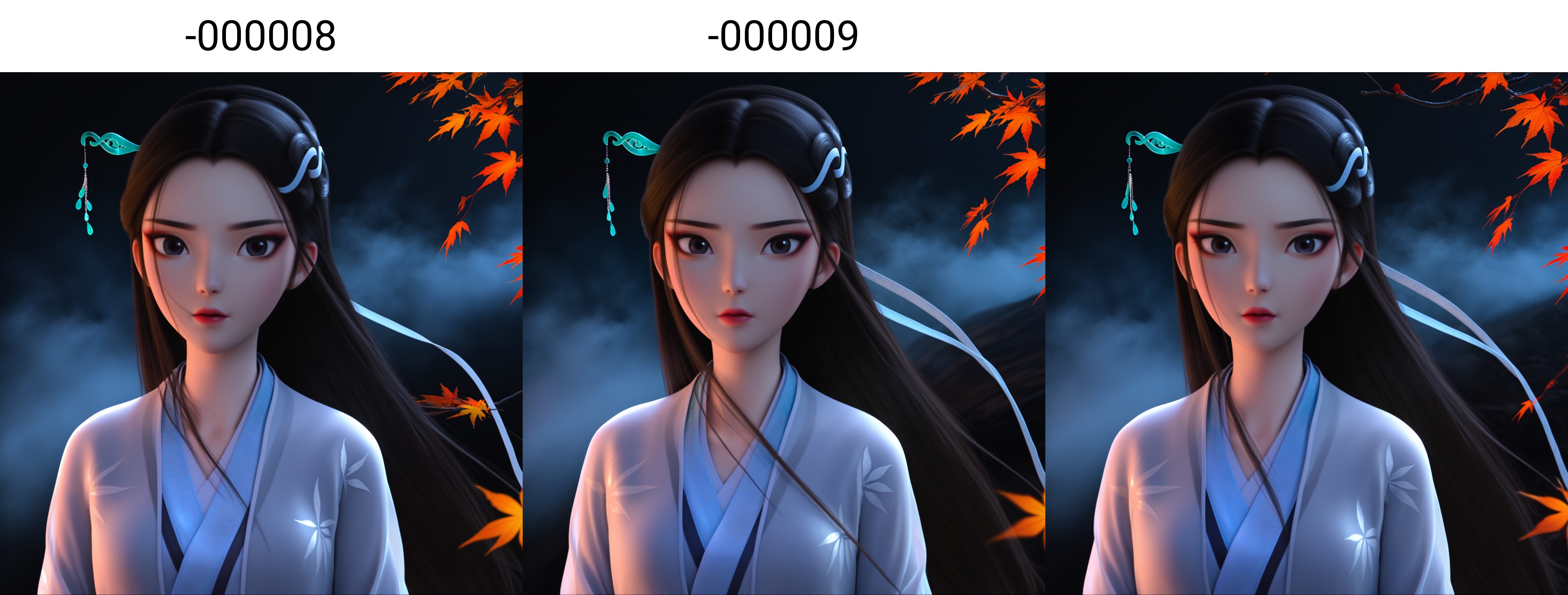 (score_9),masterpiece,best quality,absurdres,highres,(white_skin),light_skin,BREAKcollarbone,<lora:白素贞-ill-000008:0.83>,1girl,solo,long hair,black hair,hair ornament,hairpin,hair ribbon,hanfu,maple leaf print,looking at viewer,front view,light blush,(upper body),BREAKsimple background,black background,rim light,Tyndall effect,Cinematic Lighting,fog,twig,branch,glowing,