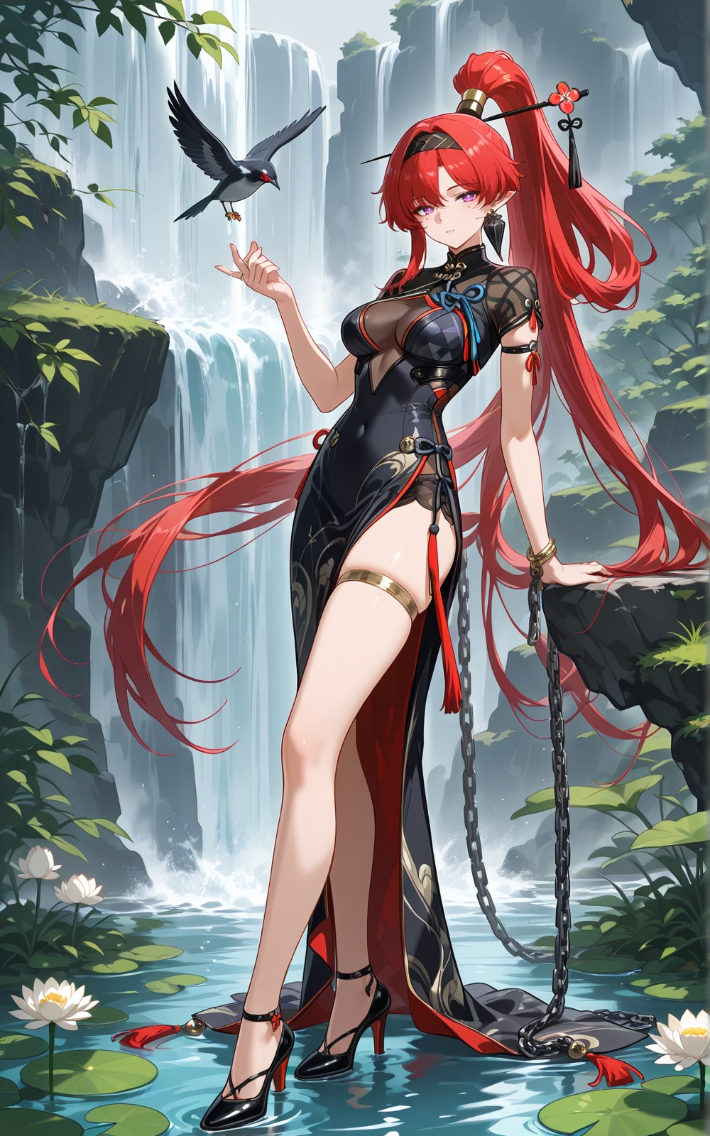 masterpiece,bird,flower,waterfall,looking at viewer,alternate costume,best quality,absurdres,swept bangs,tassel,leaf,water,grey background,full body,standing,lily pad,holding,<lora:XL_ill_yinlin(wuthering waves)_v1:0.75>,yinlin\(wuthering waves\),1girl,solo,long hair,very long hair,ponytail,red hair,purple eyes,high heels,chain,china dress,dress,black dress,full body,