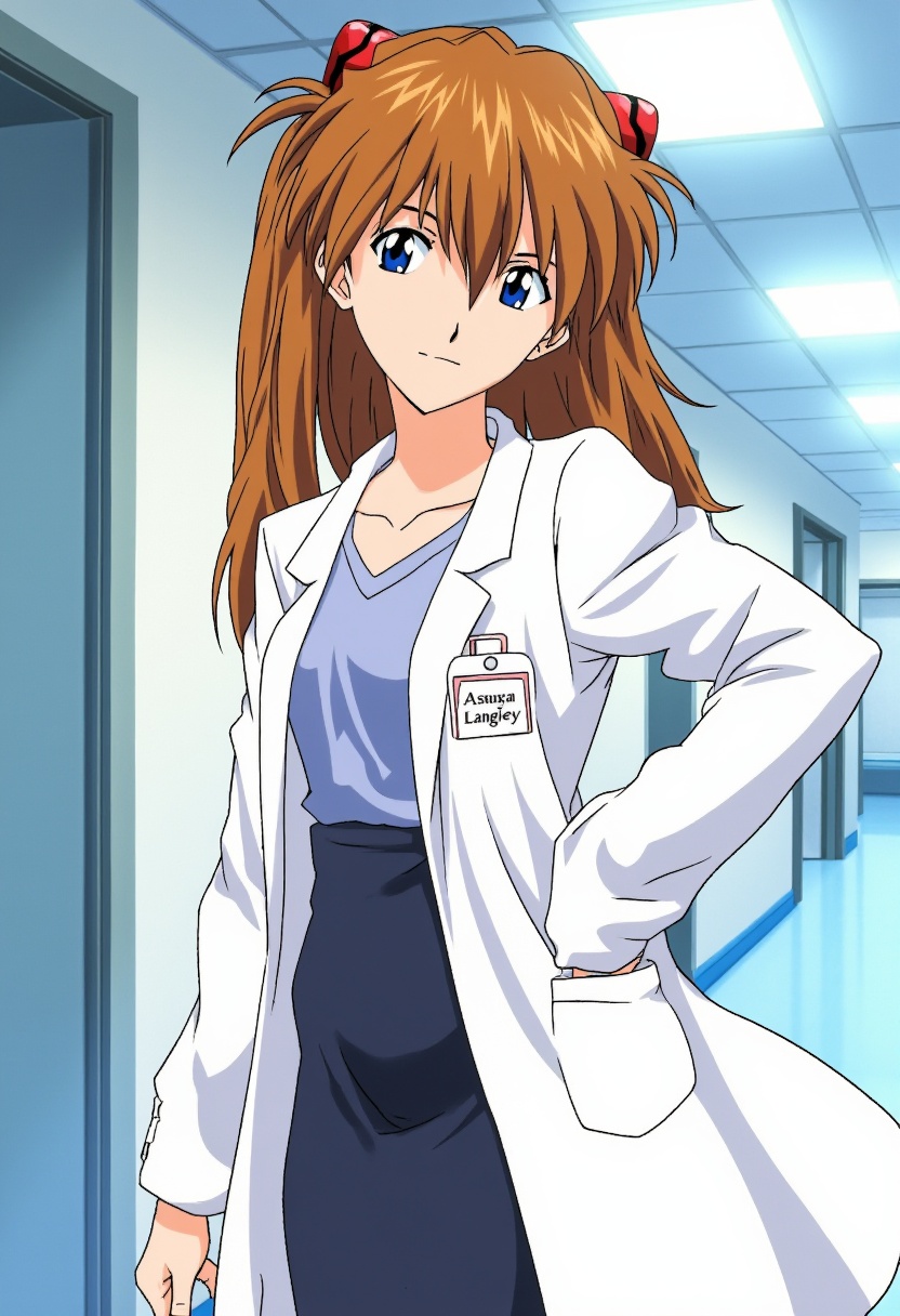 ppasuka,  in doctor's lab coat,  shirt and pencil skirt. She looks serious and professional. Inside a modern hospital on T...