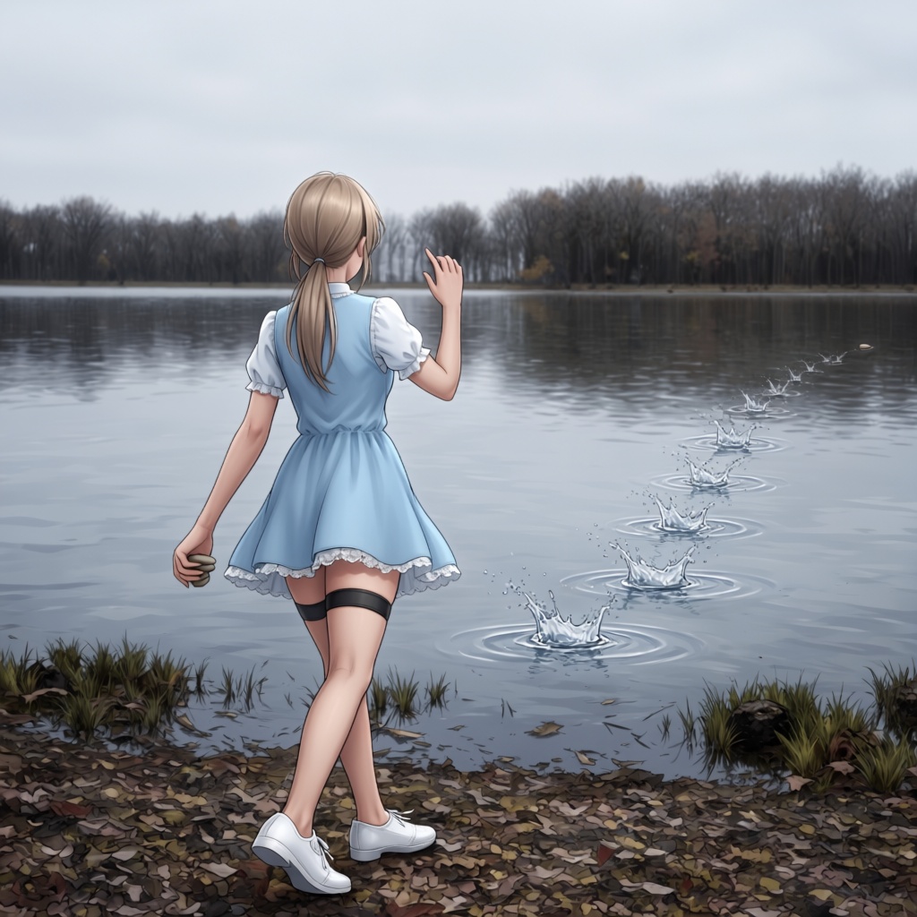 stone skipping,  holding flate stone,  throwing on Tensor.Art