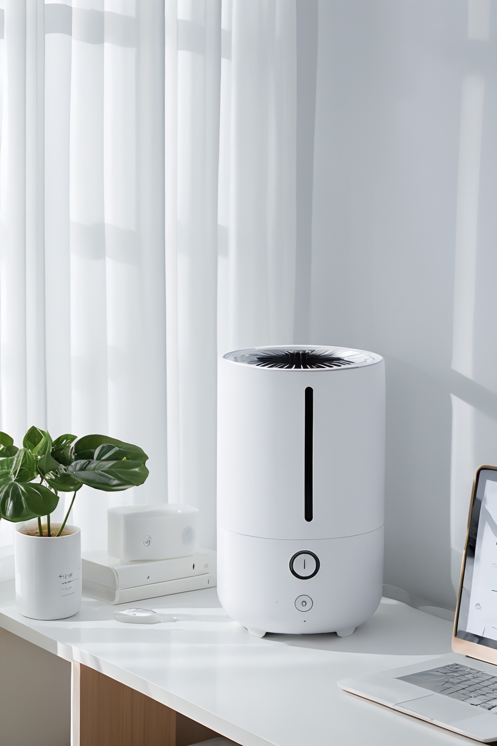 dianshang,no humans,curtains,<lora:dianshang2-000014:0.6>,plant light and shadow,humidifier,mist,cosmetics,white desktop,