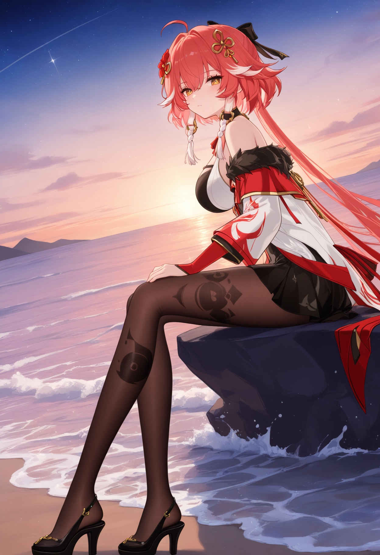 <lora:noobai_vpred_1_masterpieces_v23:1>,very aesthetic,best quality,masterpiece,full_body,sitting,than the heart,solo,beach,ocean,waves,gradient_sky,starry_sky,dusk,in summer,<lora:长离师尊:1>,changli,1girl,long hair,bangs,hair ornament,big breasts,ribbon,hair between eyes,bare shoulders,yellow eyes,ahoge,red hair,short hair,multicolored hair,highlighted hair,pink hair,flower,hair flower,lace stockings,exposed,sexy,<lora:锦龙吟:1>,jly,long sleeves,dress,pantyhose,black pantyhose,brown pantyhose,capelet,jacket,white jacket,fur trim,shoes,footwear,black footwear,platform footwear,heels,high heels,platform heels,