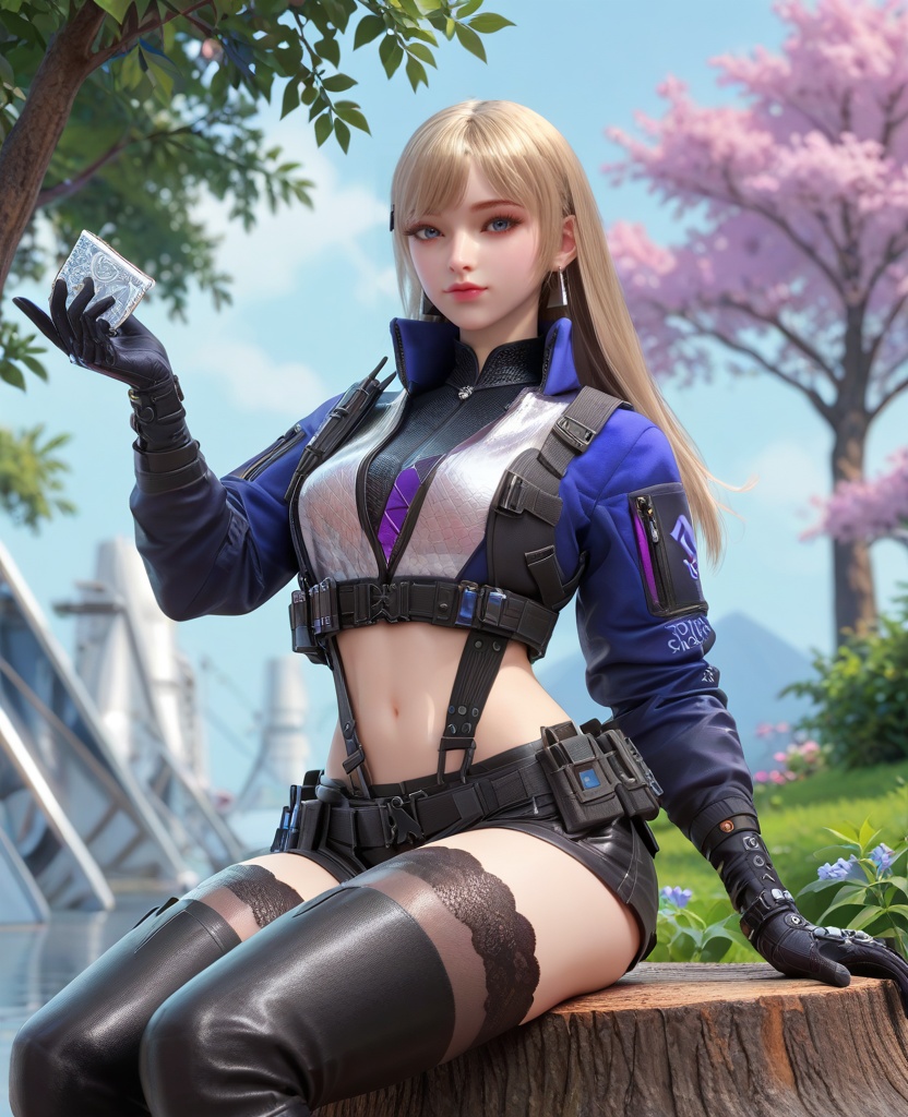 (oriental architecture, elegant decor, sophisticated style:1.1),(Sitting on a tree stump, holding a journal, expressing a moment of creativity and reflection,:1.1),(breasts:1.2),<lora:XL16穿越火线岚兮儿保卫者:0.95>,miss lanxier,blue cropped jacket with tactical reflective patches,blue eyes,blonde hair,long hair,earrings,suspenders,black gloves,black shorts,midriff,black thighhighs,black thigh boots,, score_9,score_8_up,score_7_up,score_6_up,score_5_up,score_4_up,3d rendering,tag1,tag2, Cinematic Lighting,backlighting,, zPDXL3, zPDXL2,zPDXL, zPDXLxxx, zPDXLrl,