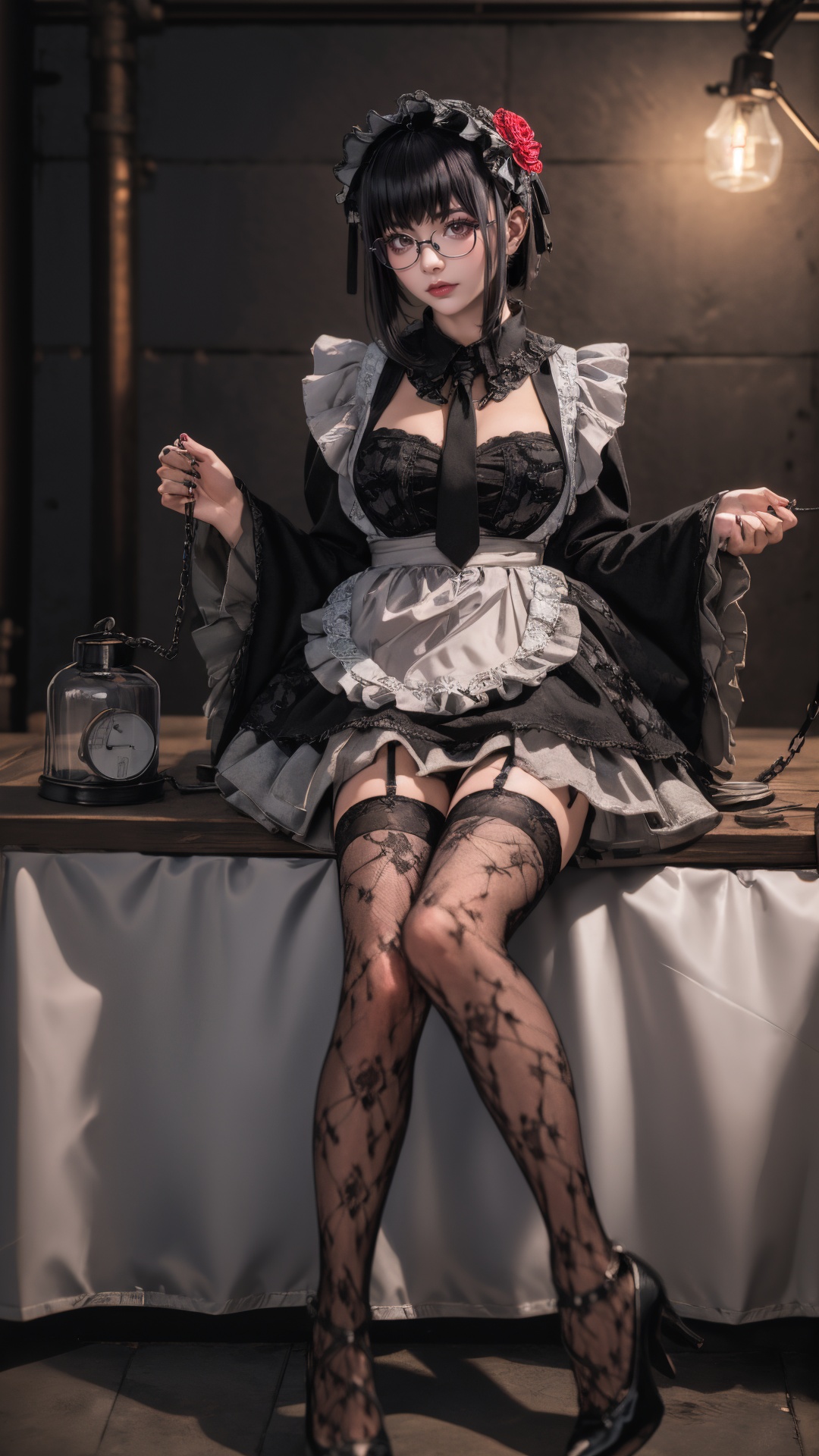 tutututu,1girl,solo,Kuroe Shizuku,lolita fashion,apron,pantyhose,gothic lolita,black dress,frills,hair flower,hair ornament,chain leash,black nails,wide sleeves,lace trim,long sleeves,rose,black footwear,black necktie,maid,fishnets,maid headdress,detached collar,red flower,thighhighs,hairband,chain,floral print,lolita hairband,garter straps,black thighhighs,lace,<lora:Kuroe Shizuku_Lolita-000007:0.5>,cinematic style,realistic,masterpiece,best quality,extremely detailed,absurdres resolution,High quality texture,Cinematic Lighting,1girl Sitting at the table fixing robots,robot dog,cute genius japanese school girl,red necktie, glasses,protective gloves,in a A basement full of neo pipes,welding,precision instruments,complex circuit,vacuum tube punk,high heels,<lora:OC:0.15> <lora:LowRA:0.3>