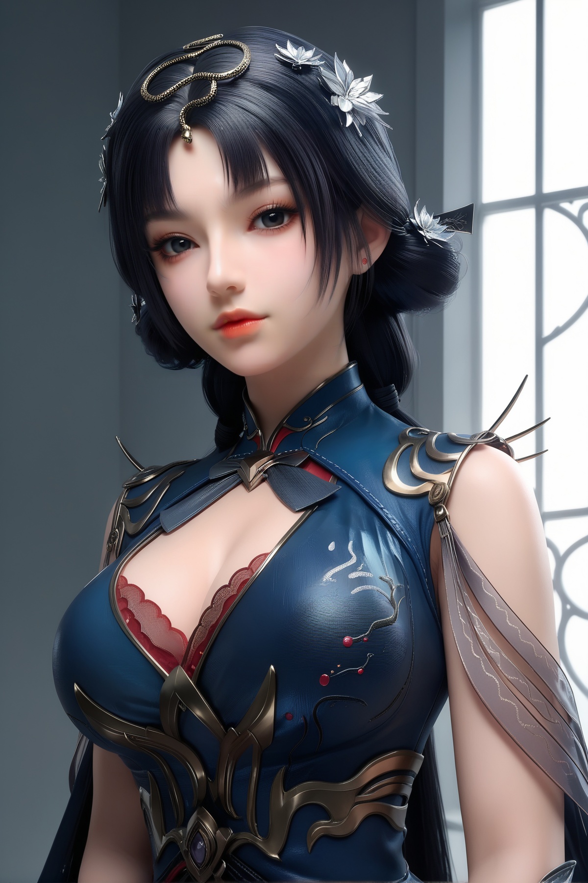 score_9,score_8_up,score_7_up,<lora:wy_jinxiaochai_XL7.0:0.8>,black hair,black eyes,hair bun,1girl,long hair,breast,big breasts,hair_ornament,dress,simple background,white_background,looking_at_viewer,standing,upper_body,window,