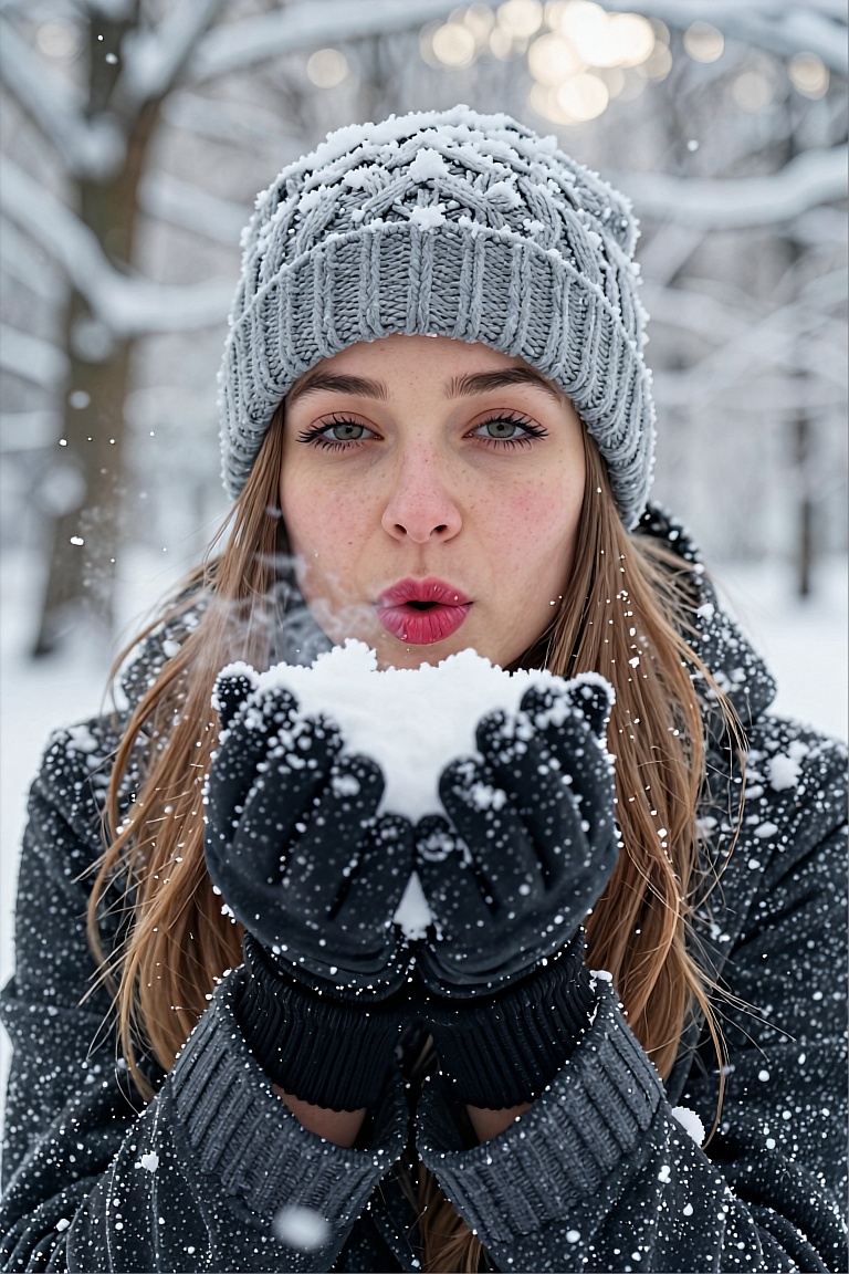 Soft-focus cinematic portrait in natural daylight,  shallow depth-of-field bokeh background blurred into snow-laden trees....