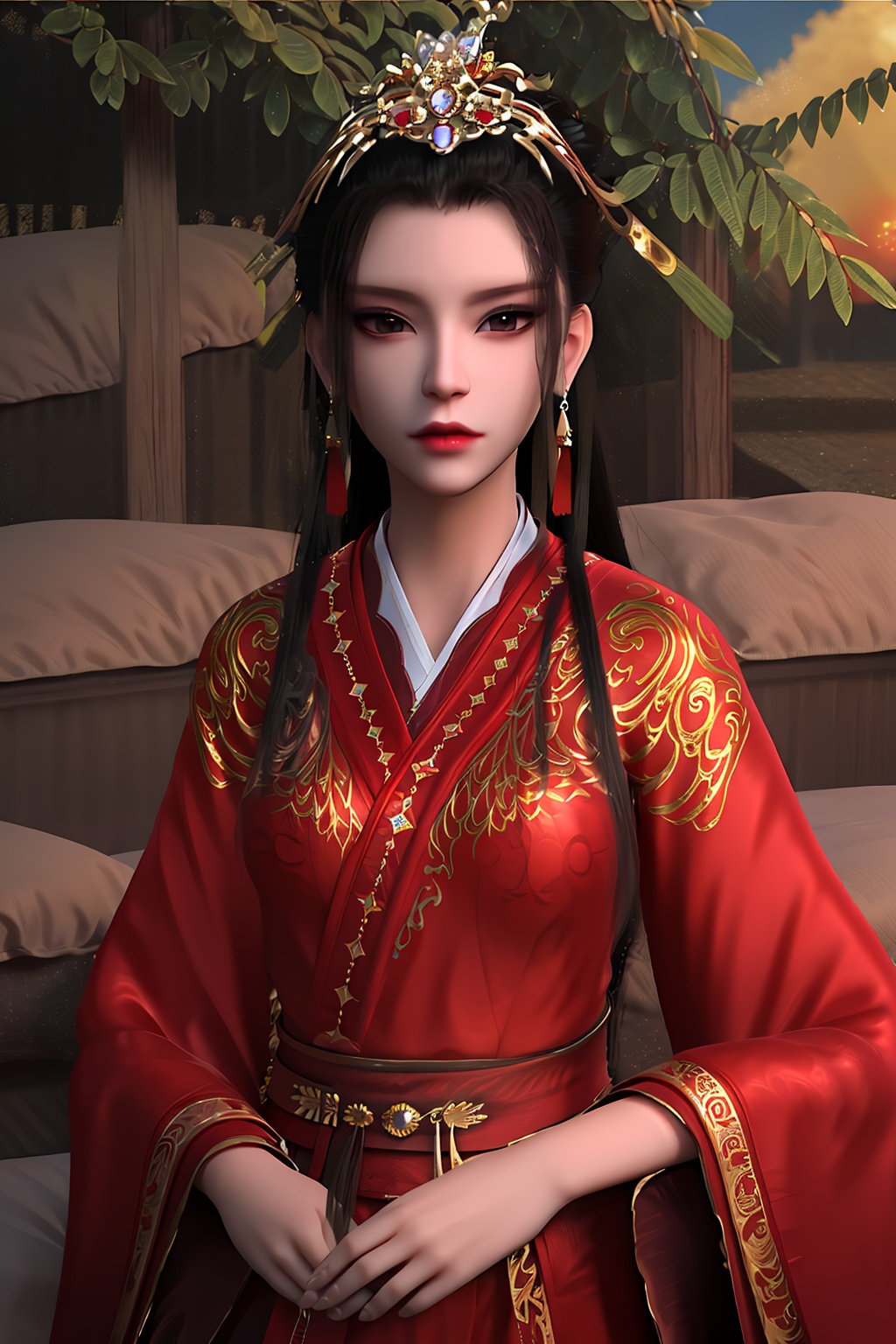 3D,masterpiece,(best quality),(makeup),official art, extremely detailed cg 8k wallpaper,((crystalstexture skin)), (extremely delicate and beautiful),(highly detailed),(1girl), (solo), (jewelry), (earrings),(white_hair),(long_hair),(hair_ornament),(handwear),(breasts),(upper_body),(collar),(tiara),(crown),,(tassel),(multicolored_clothes),(closed_mouth)(gold_trim),((chinese_clothes),,(dress),(hanfu),(traditional_clothes)(sunshine, outdoor,bed),((looking_at_viewer)),((Facing the camera)),, <lora:hipoly3DModelLora_v10:0.3>