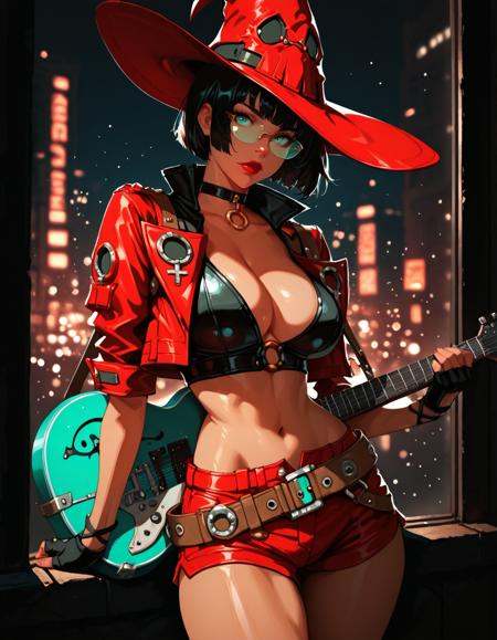 masterpiece,  best quality, 1girl, solo,  absurdres, large breasts,reithdg,ino1,red cropped jacket, witch hat, choker, black gloves, fingerless gloves, red shorts, loose belt,aqua eyes, black hair, short hair, red lips, eyewear,high up , leaning into a window frame, back arched, sunlight casting soft shadows, ,city, night, holding guitar,  blurry background, glowing, light particles, embedding:SmoothQuality, 