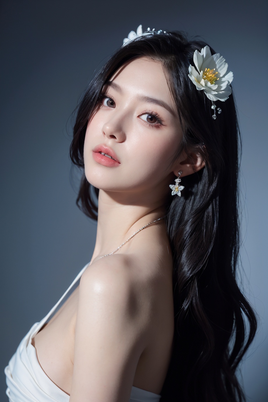 1girl, solo,(front view:1.2),(looking_at_viewer:1.4),(eye-contact:1.4),,black hair, long hair, jewelry, realistic, earrings, hair ornament, black eyes, lips, collarbone, parted lips, flower, watermark, upper body, portrait, hair flower, dress, web address,  <lora:YG红颜阁美女9:0.85>,