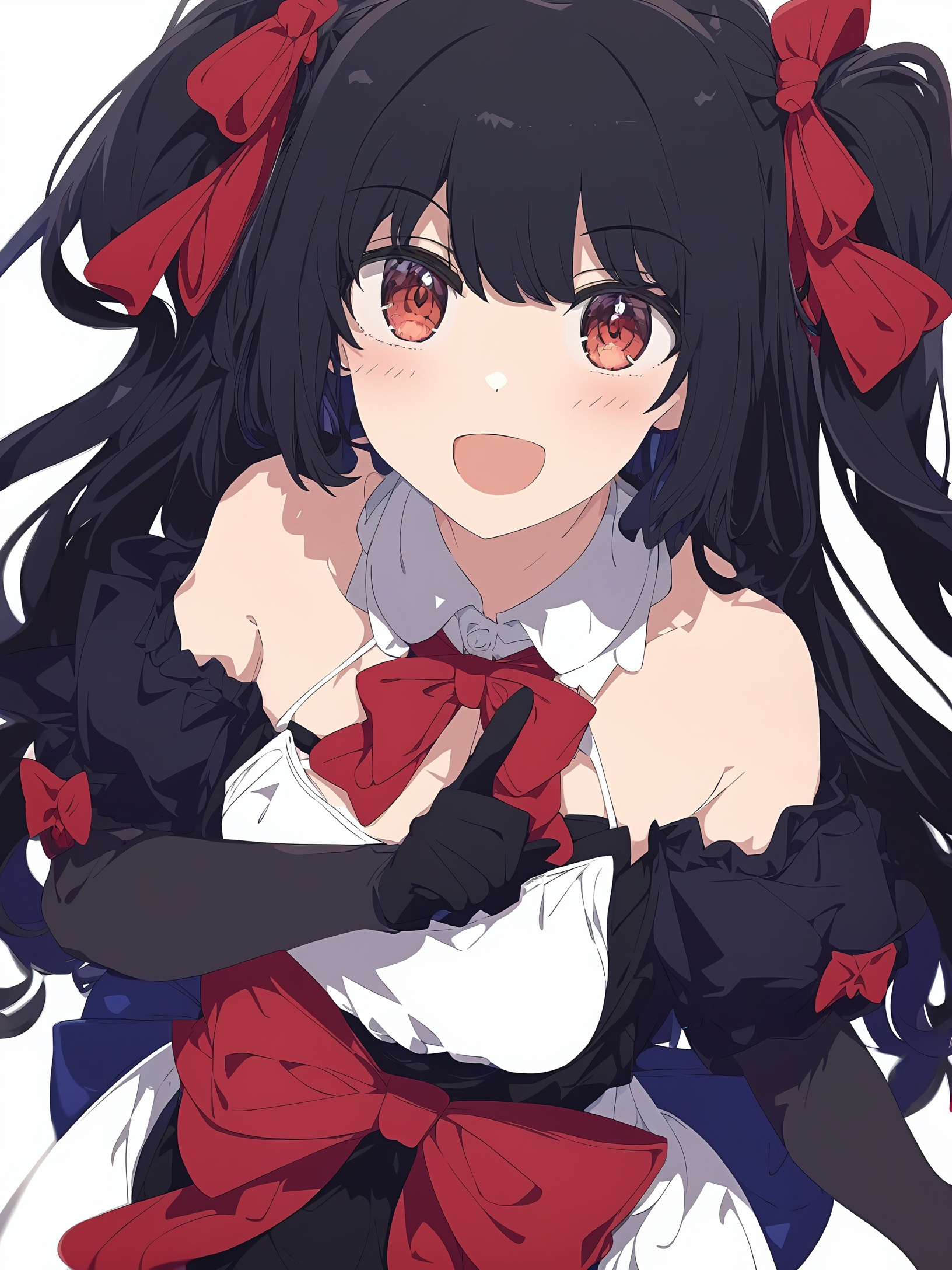 1girl,   ogipote, open mouth, elbow gloves, smile, index finger raised, ribbon, black hair, two side up, long hair, detached collar, solo, looking at viewer, hand on own hip, gloves, black gloves, white background, hair ribbon, red eyes, red ribbon, dress, bow, bare shoulders, bowtie, black dress, simple background, :d, masterpiece, best quality, newest, absurdres, highres