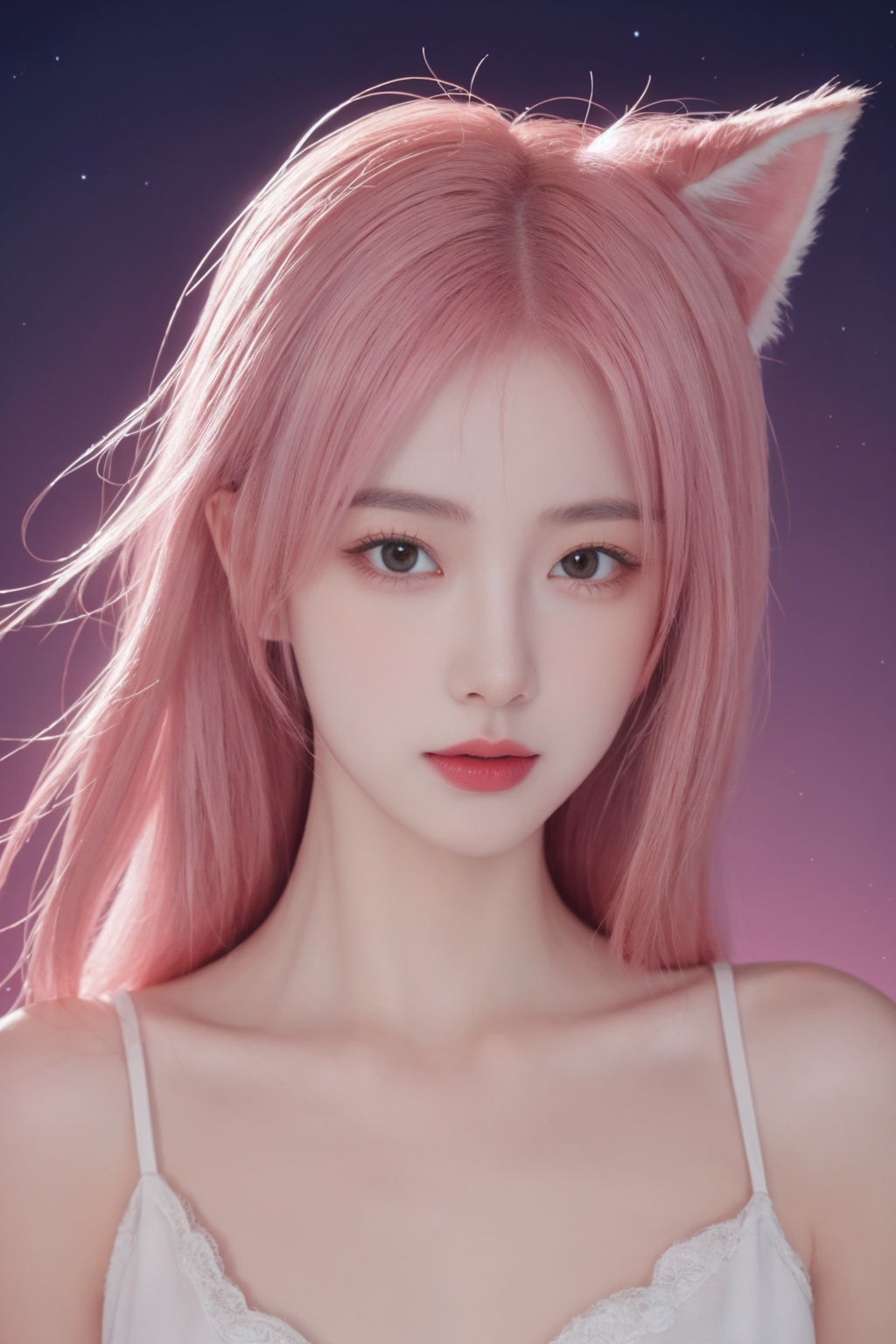 1 girl, fox ears, beautiful face, pink hair, pink lips, (seductive), backlight, starry sky<lora:girl_20231008111901:0.6>