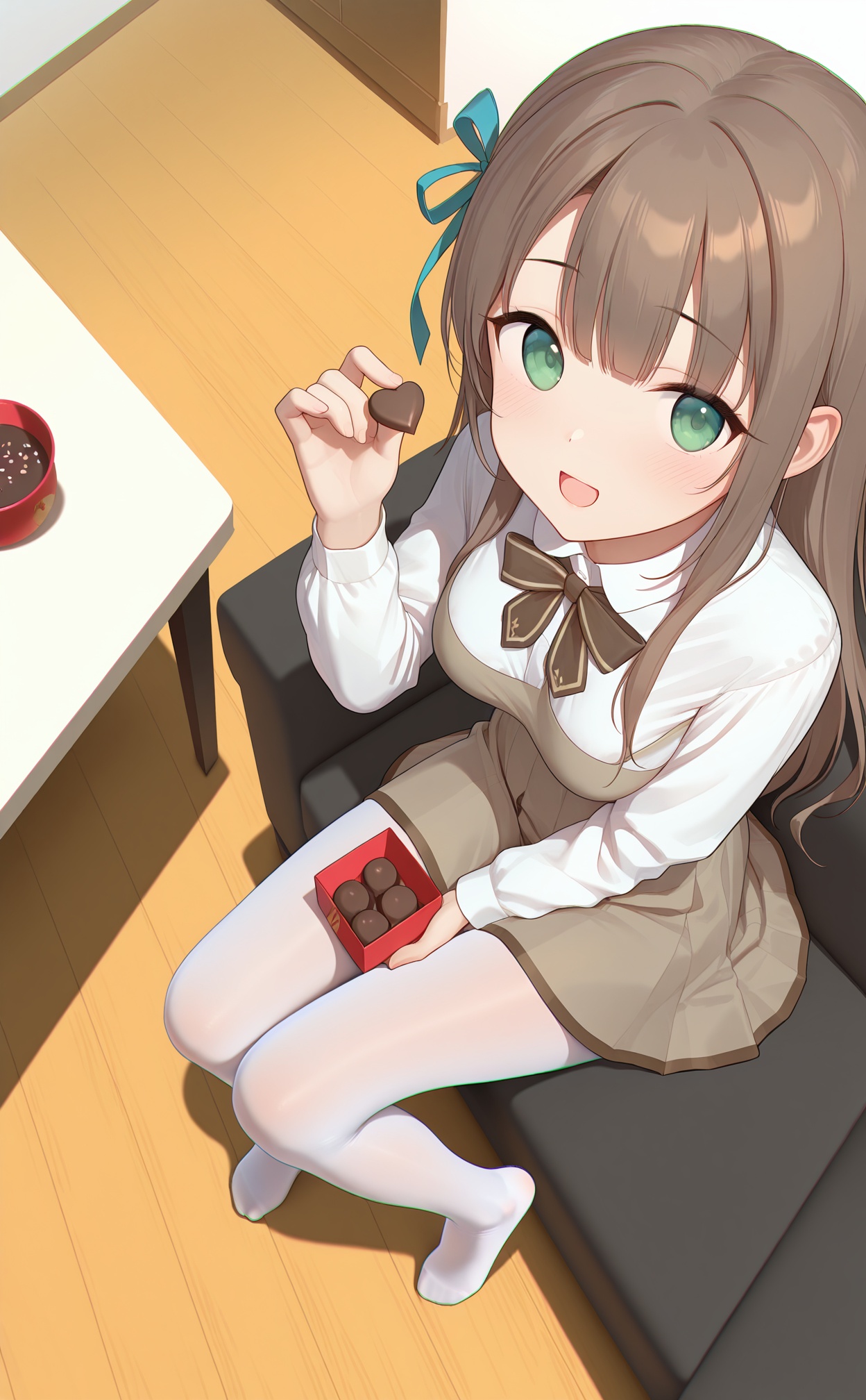 white_background,masterpiece,very aware,highres,absurdres,newest,best quality,high quality,chromatic_aberration,//,1girl,green_eyes,pantyhose,long_hair,solo,sitting,shirt,open_mouth,looking_at_viewer,hair_ornament,dress,long_sleeves,indoors,holding,white_pantyhose,white_shirt,bangs,smile,breasts,food,no_shoes,brown_hair,ribbon,chocolate,couch,bow,from_above,:d,dated,medium_breasts,blush,table,wooden_floor,brown_dress,school_uniform,brown_bow,hair_ribbon,bowtie,//,//,absurdres,newest,very aesthetic,amazing quality,highres,sensitive,highres,ultra detailed,best anatomy,HDR,8K,high detail RAW color art,high contrast,//,<lora:himitsu——【noob】hans:1>,