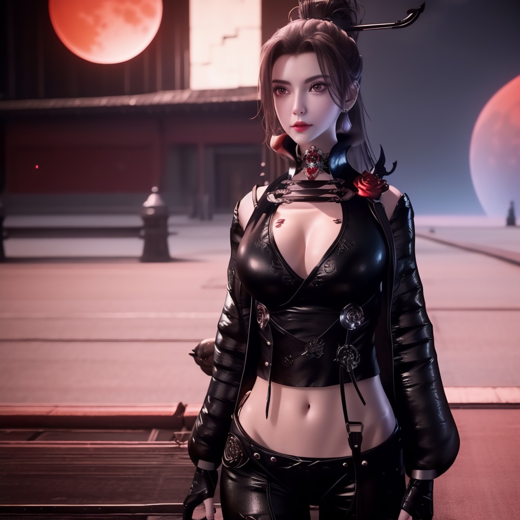 <lora:万界至尊-李雪衣-皮衣:0.8>, (,1girl, ,best quality, ),looking at viewer,  ,,ultra realistic 8k cg,, ,masterpiece, (( , )),, ,science fiction,mole, ,    ,red moon, black rose,     (cleavage),,  (),