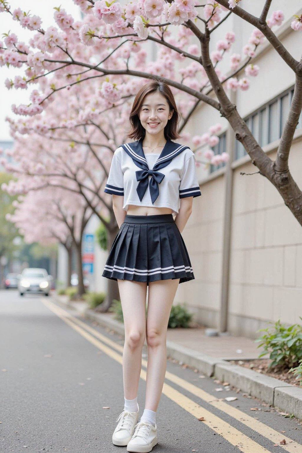 A young Asian woman,  likely in her early twenties,  stands centered in the frame. She wears a white sailor-style crop top...
