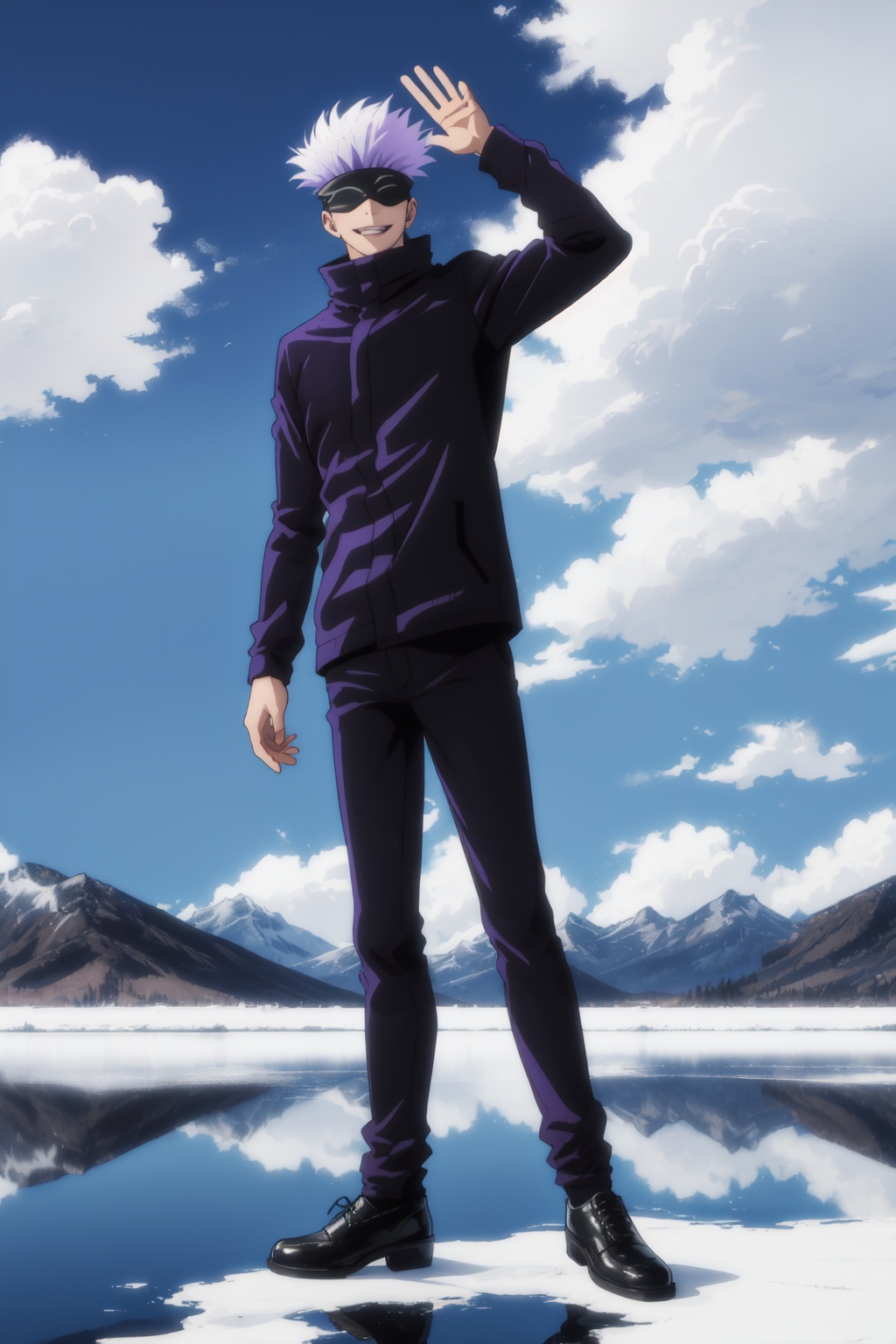 <lora:Satoru-000015:0.9>,Satoru CYQL,1boy,looking at viewer,solo,male focus,white hair,short hair,spiked hair,covered eyes,black blindfold,blindfold,jacket,black jacket,pants,black pants,long sleeves,smile,black footwear,high collar,shoes,portrait,front view,On clear days, the salt lake becomes a colossal mirror, reflecting the sky and clouds above. White salt flats stretching towards distant mountains paint a surreal scene,beautiful detailed sky,beautiful detailed glow,posing in front of a colorful and dynamic background,masterpiece,best quality,beautiful and aesthetic,wallpaper,