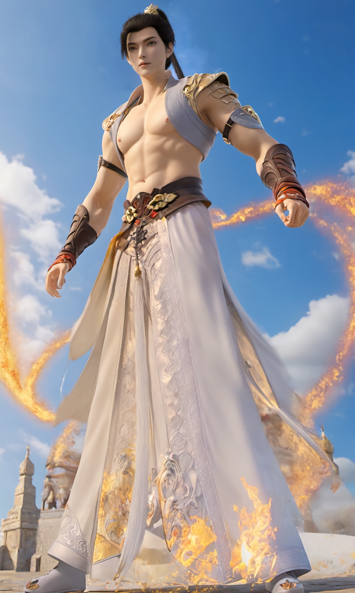 Shihao,front view of a man with a black high ponytail hair wearing white Traditional-Clothing,full body,golden special effects,<lora:Perfect Shihao-000019:0.9>,male,