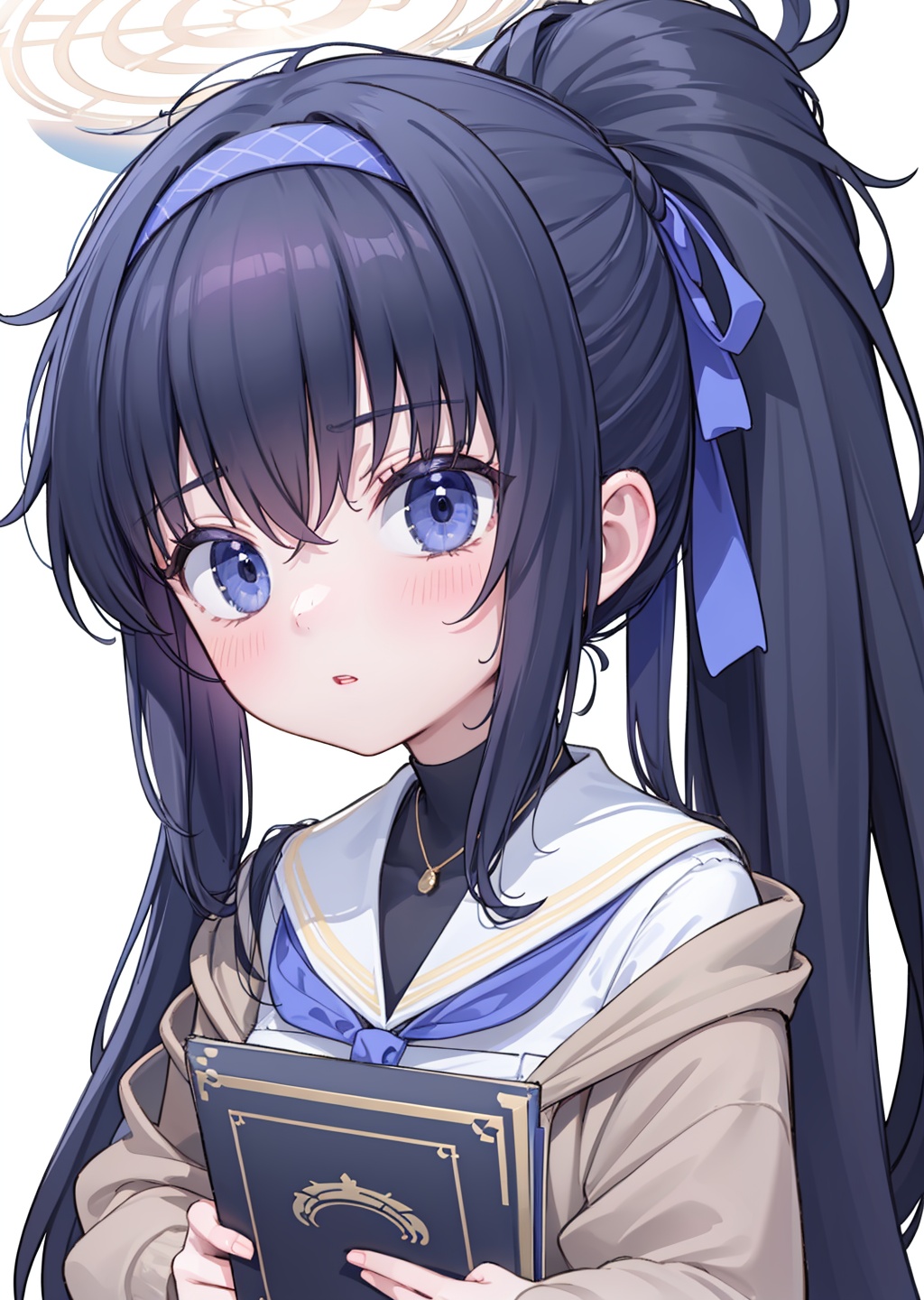 (upper body:1.8),masterpiece, official art, extremely detailed cg unity 8k wallpaper, highly detailed, absurdres, 8k resolution,1girl, solo, long hair, looking at viewer, blush, bangs, blue eyes, skirt, simple background, black hair, long sleeves, white background, ribbon, hair between eyes, twintails, very long hair, school uniform, hair ribbon, pleated skirt, hairband, parted lips, serafuku, sailor collar, neckerchief, book, low twintails, halo, white skirt, cardigan, long skirt, white sailor collar, bags under eyes, blue hairband, white serafuku, ui \(blue archive\)