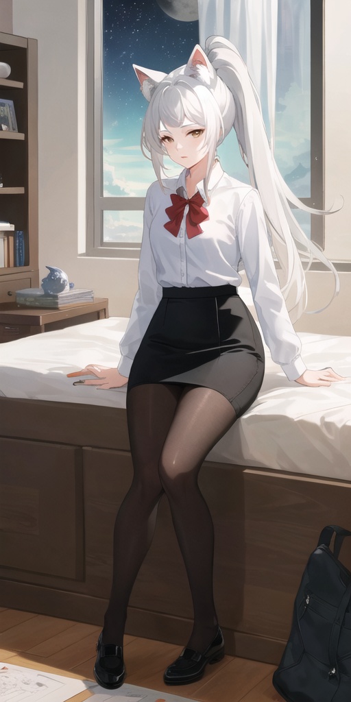 xuanji,1girl,black pantyhose,animal ear fluff,white hair,(pencil_skirt:1.4),high ponytail,long hair,solo,small breasts,looking at viewer,sitting,full body,masterpiece,best quality,HDR,UHD,8K,sleepy,white_shirt,bedroom,arm_behind_head,Highly detailed,animal ears,night sky,moon,shoes_removed,,<lora:xuanji-000016:0.7>