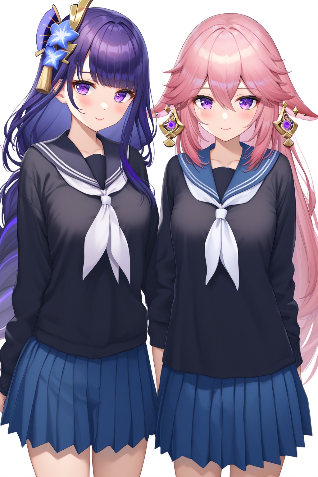score_9,score_8_up,score_7_up,score_6_up,source_anime,source_cartoon,<lora:raiden shougunTuPONYXL-000001:0.7>,raiden shogun,multiple girls,2girls,purple eyes,school uniform,yae miko,long hair,skirt,pink hair,serafuku,purple hair,white background,neckerchief,sailor collar,looking at viewer,smile,simple background,hair ornament,pleated skirt,long sleeves,bow,shirt,white bow,white neckerchief,alternate costume,mole under eye,animal ears,short sleeves,fox ears,blush,black serafuku,hair bow,very long hair,closed mouth,blue skirt,twitter username,cowboy shot,black shirt,blue shirt,
