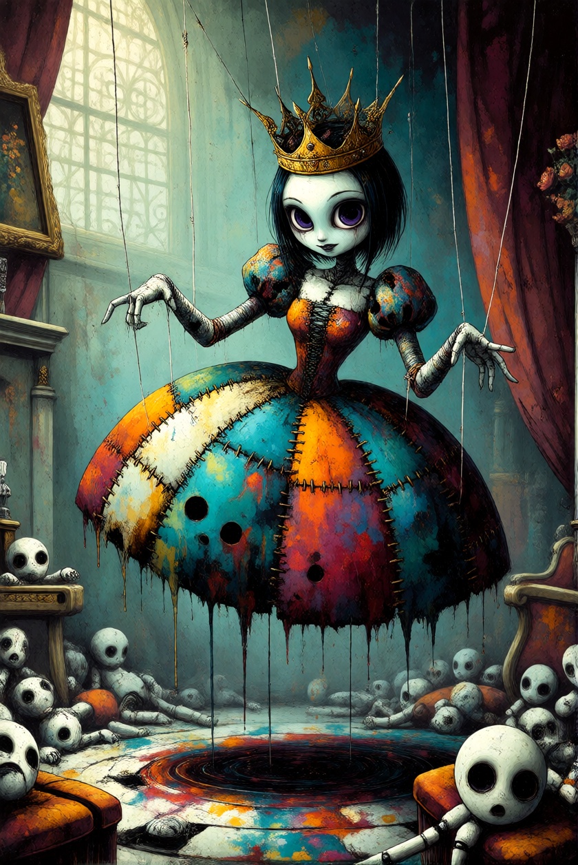 ToonDaal,  A porcelain-skinned queen,  suspended in mid-air by invisible strings on Tensor.Art