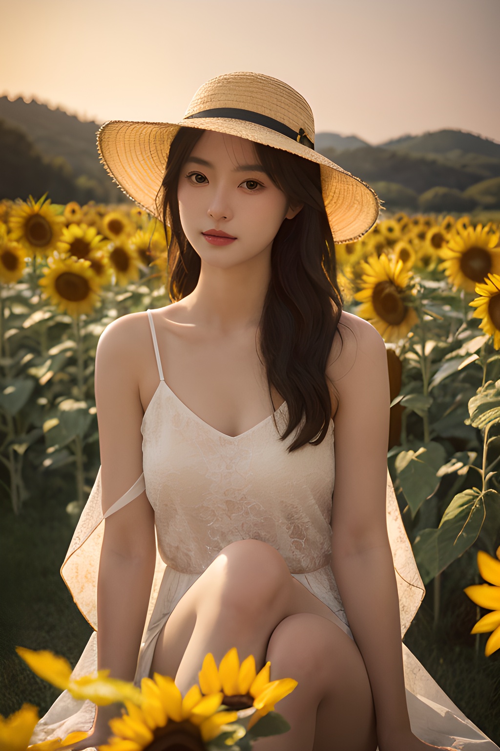 <lora:0813_02:0.7>,a girl with a sun hat, sitting in a field of sunflowers, bathed in the golden glow of sunset, warm hues, peaceful ambiance, natural beauty.korean girl,black hair,, 1girl,realistic,masterpiece, best quality, photorealistic, HDR,detail