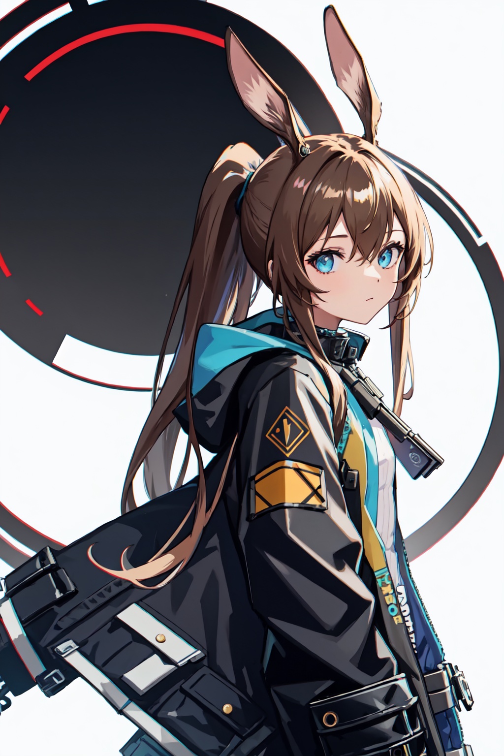 amiya_(arknights),1girl,solo,looking_at_viewer,long_sleeves,black_jacket,open_jacket,sidelocks,ponytail<lora:amiya_(arknights):1>,simple background,white backgroundmasterpiece,best quality, highly detailed, 