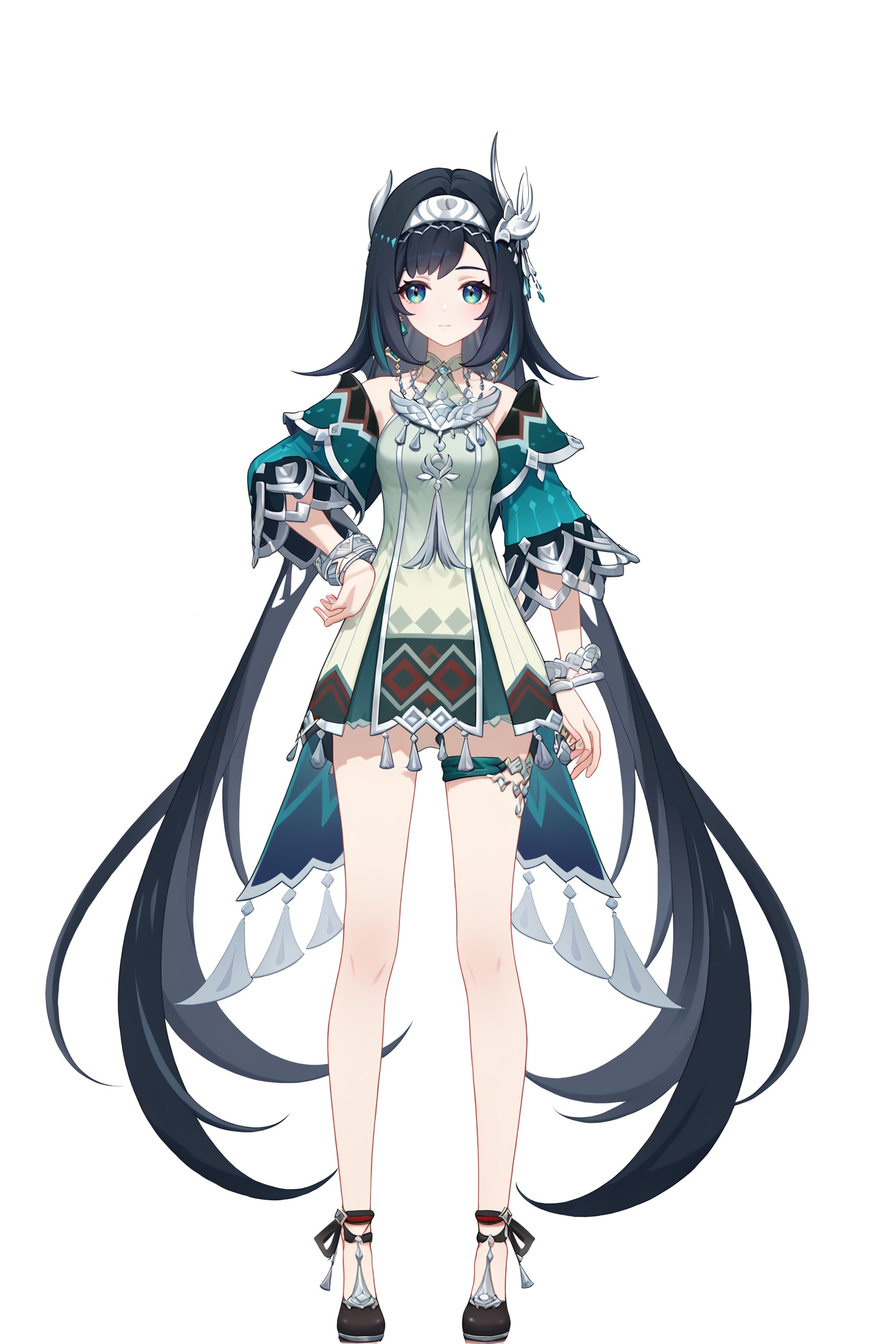 score_9,score_8_up,score_7_up,score_anime,8k,best quality,masterpiece,(ultra-detailed),(high detailed skin),(by nanoless, by misumi \(macaroni\),:0.5),<lora:YLI 0.1v:0.25>,<lora:style1:0.25>,A full-body portrait of a young girl,standing gracefully,pastel art style,high-key lighting,shoujo manga influence,hd quality,delicate details,full body,full shot,standing,looking at viewer,(solo:1.2),simple background,white background,hand on own hip,<lora:lanyan-pony-Tanger-000019:0.8>,Lan Yan \(Genshin Impact\), clothes: Lan Yan def derss, Silver hair ornament, white hairband, 1girl, black hair, very long hair,  blue eyes,