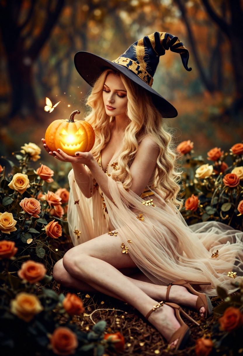 tot_halloween,  A Caucasian woman with long,  wavy blonde hair and fair skin on Tensor.Art